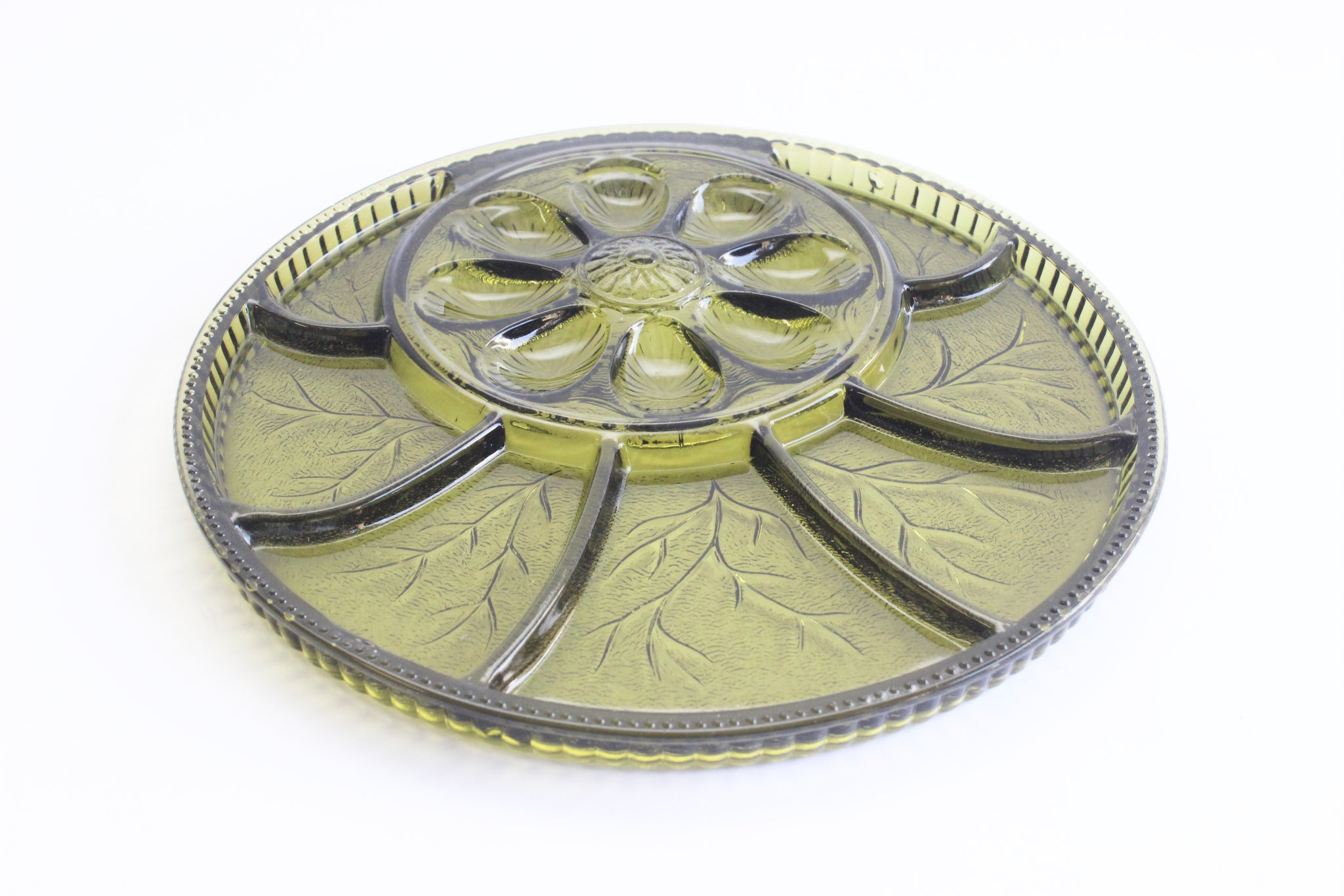 Round Appetizer Serving Plate, Deviled Egg Platter, Green Glass Holiday Servingware