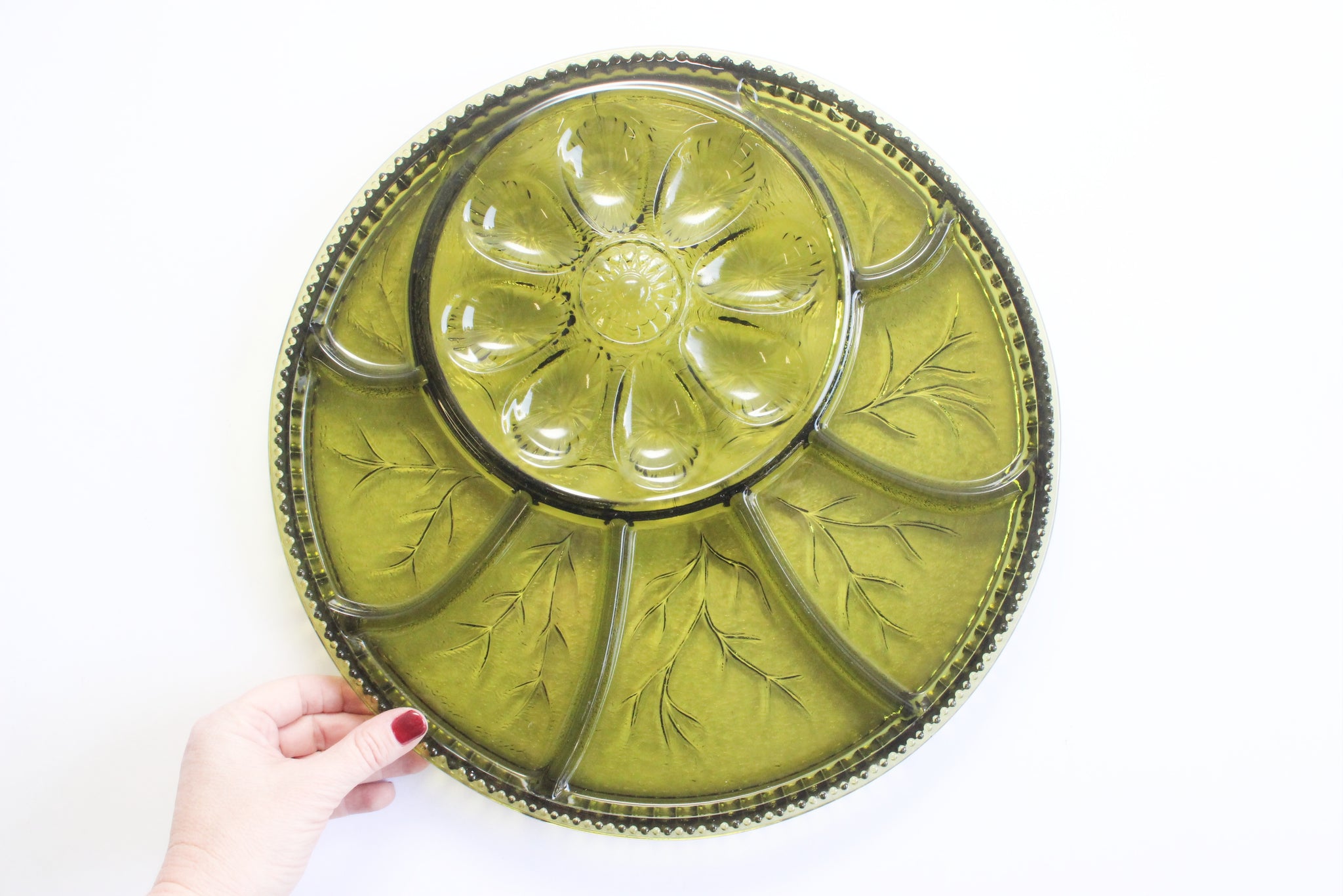 Round Appetizer Serving Plate, Deviled Egg Platter, Green Glass Holiday Servingware