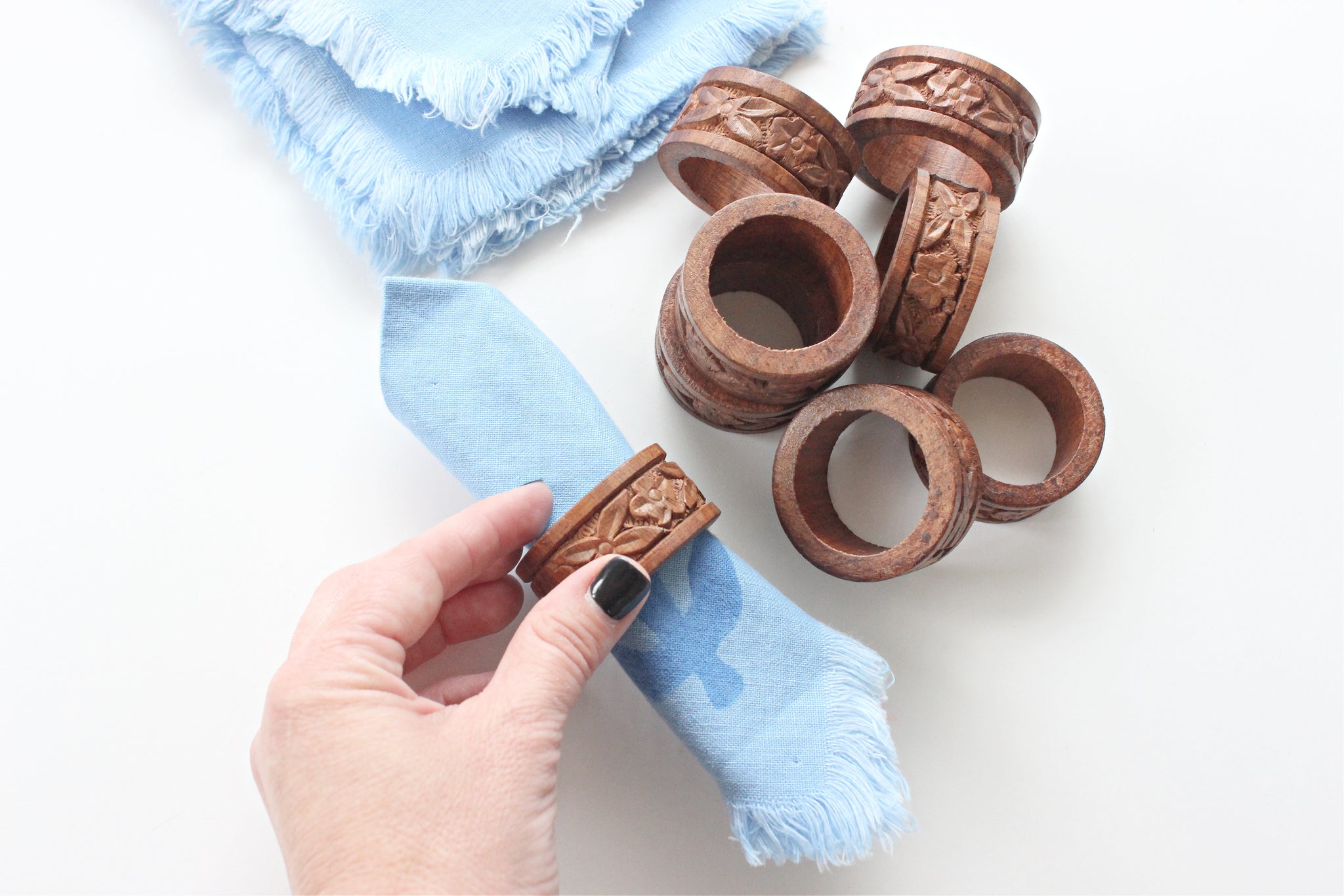 Vintage Wood Napkin Rings, Set of 8 Hand Carved Napkin Rings