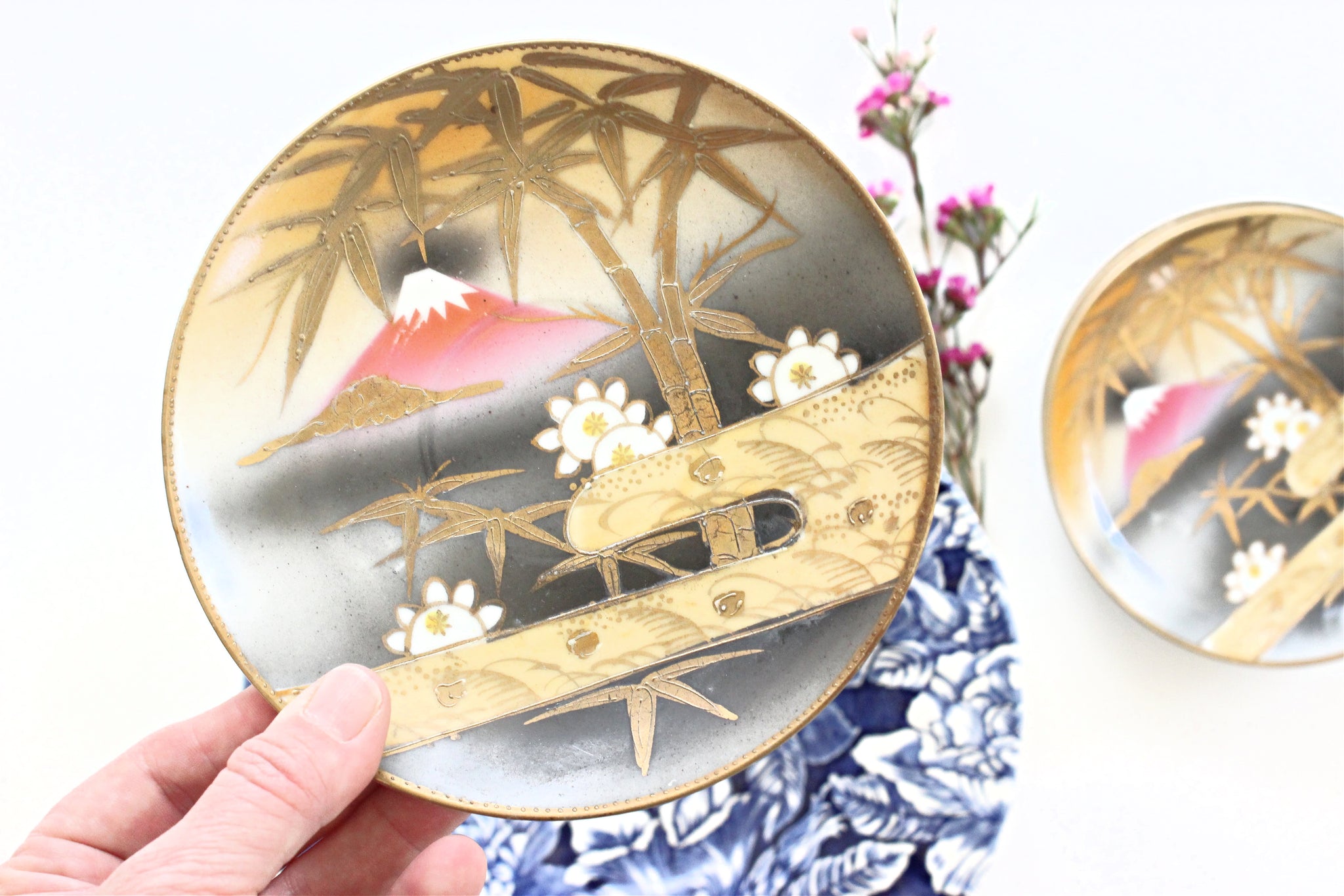 Small Porcelain Plates, Set of 4 Hand Painted Japanese Saucers