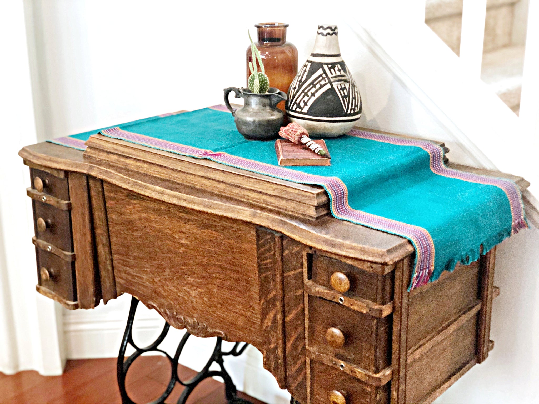 Turquoise Table Runner, Vintage Handmade Table Linen, Sustainable Textiles