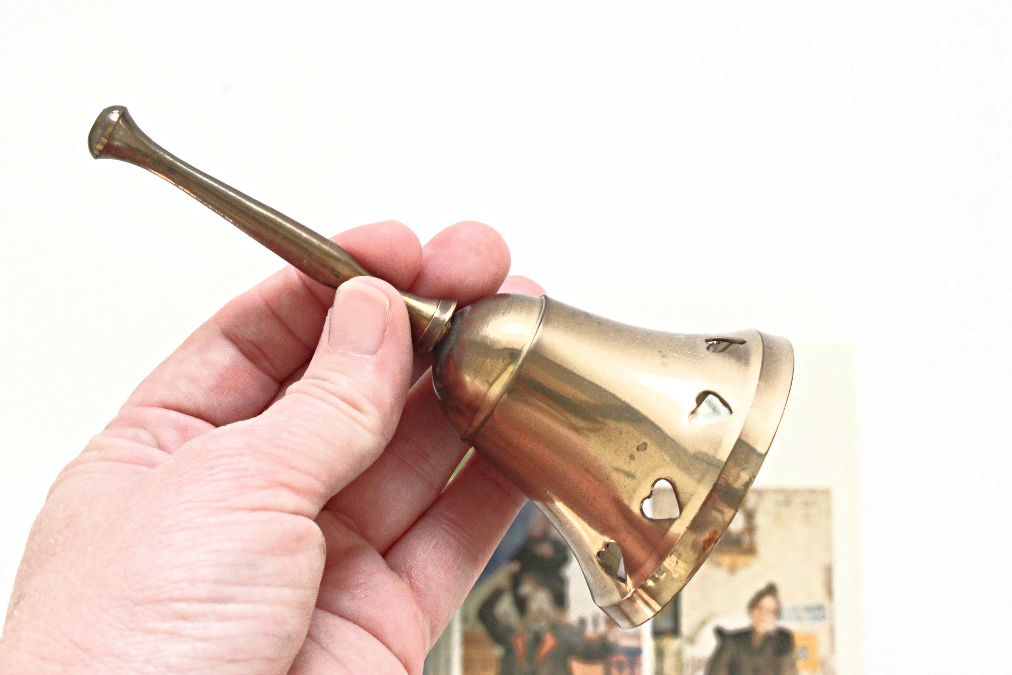 Vintage Brass Bell, Hand Bell with Heart Shaped Cut-Outs
