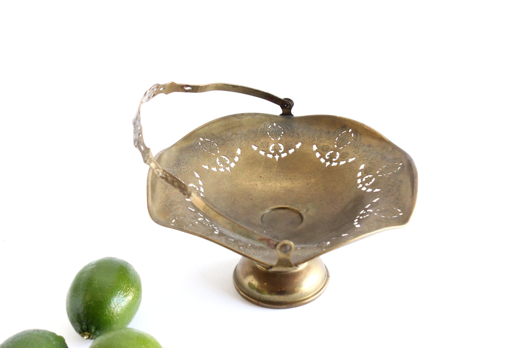 Vintage Brass Pedestal Basket, Flower Girl Basket