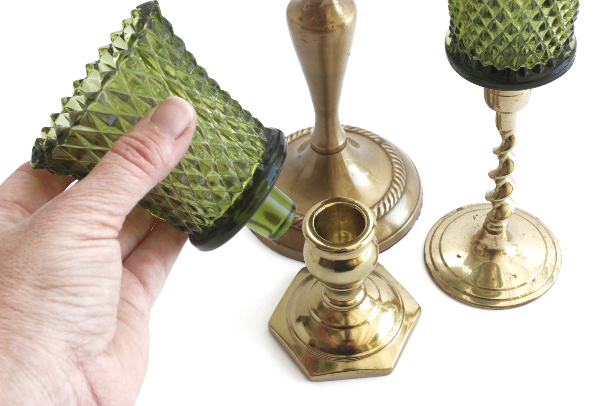 Green Glass Candle Holders, Tea-Light Candle Holder, Candlestick Topper