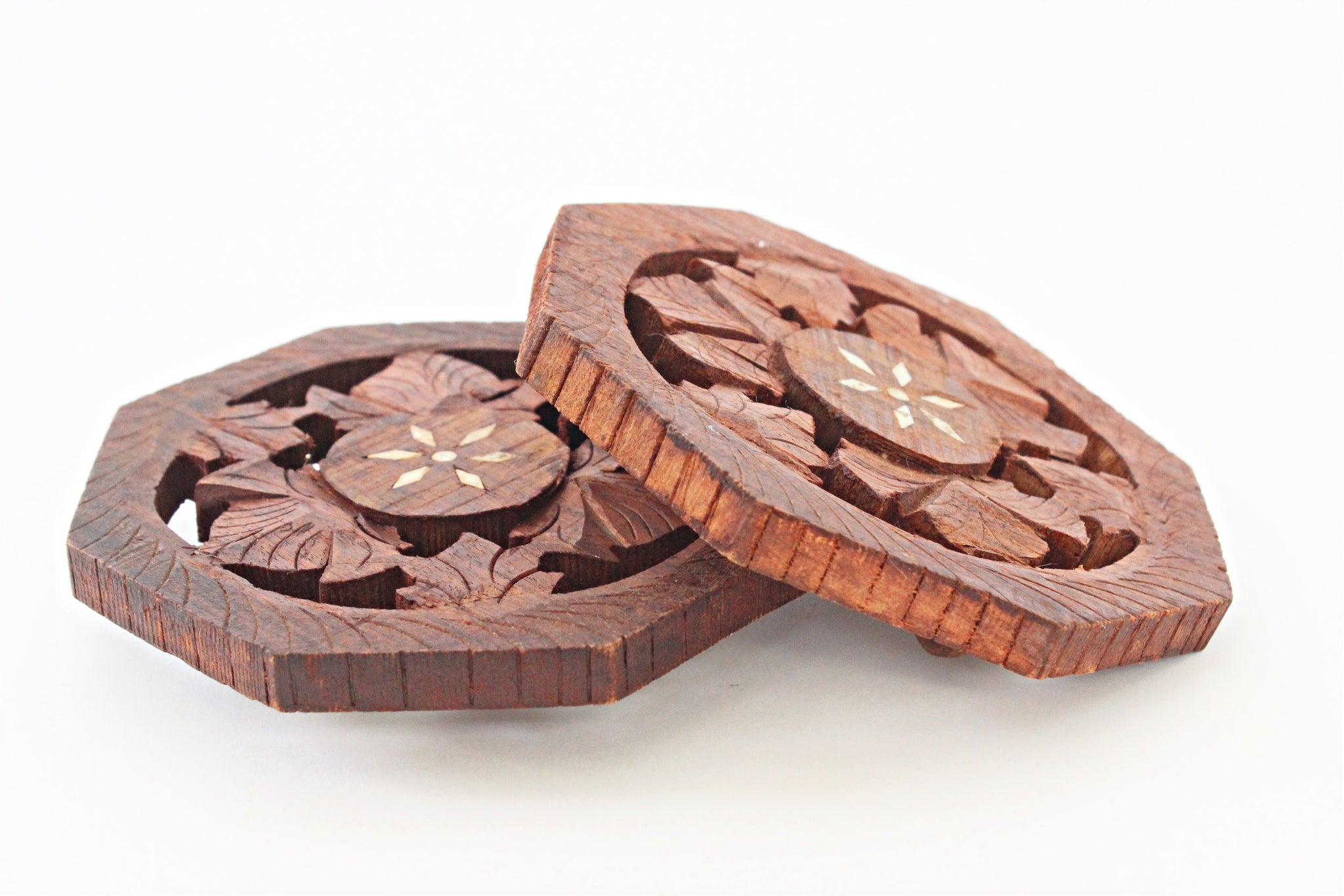 Vintage Wood Trivets, Pair of 2 Hand Carved Trivets
