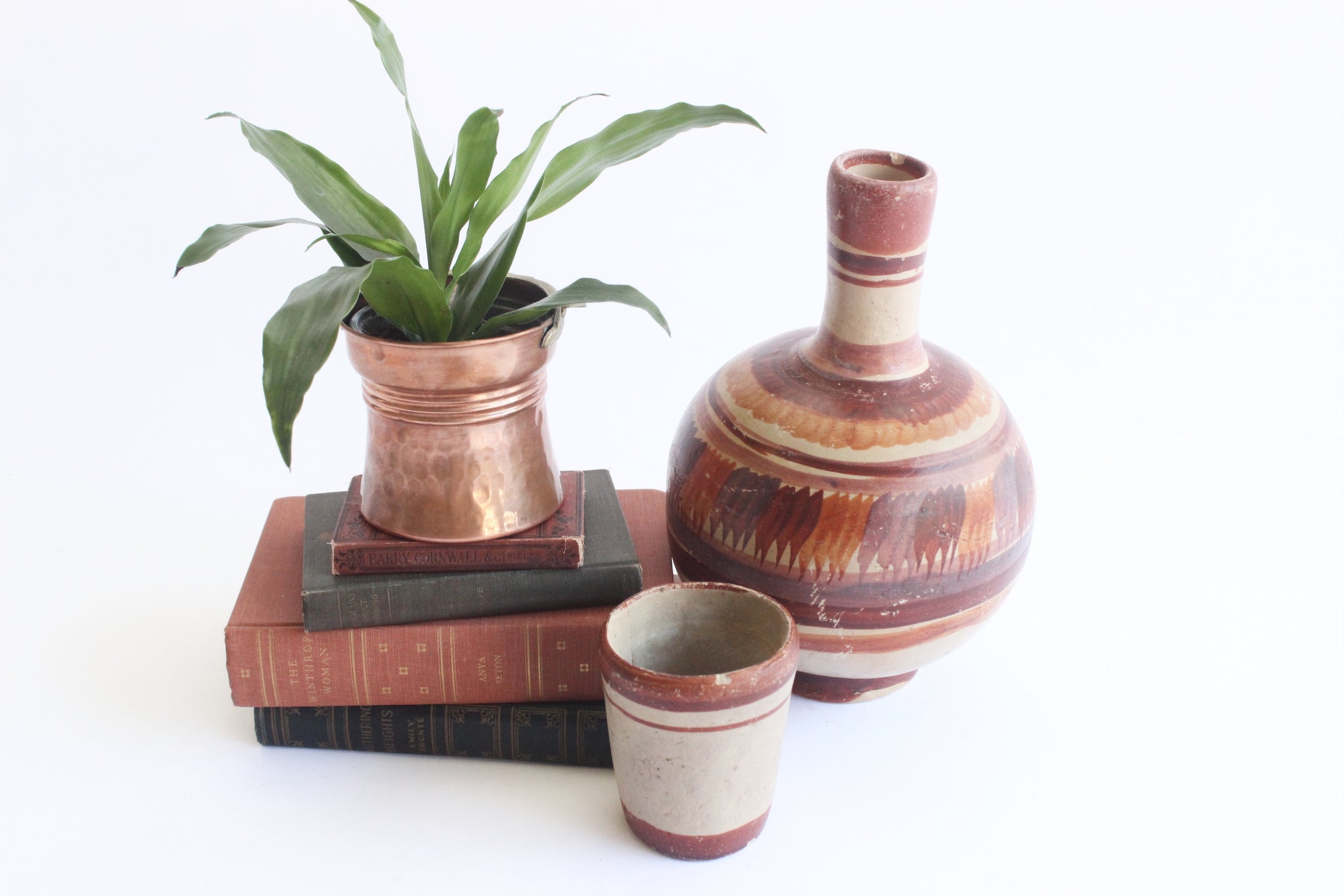 Decorative Earthenware Pitcher & Cup, Hand Painted Clay Jug