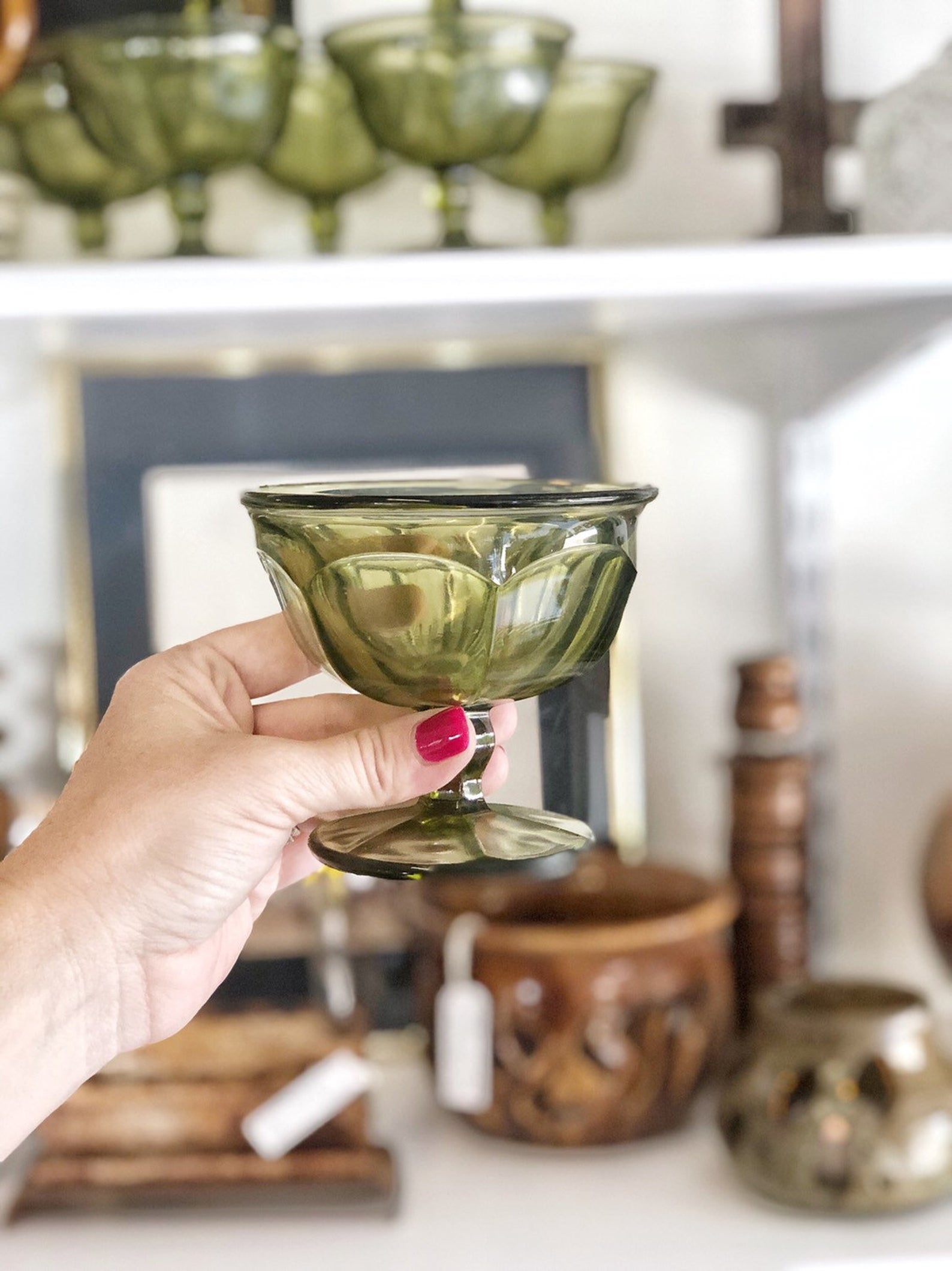 Vintage Green Glass Ice Cream Cups, Dessert Bowls, Mid Century Kitchen Ware