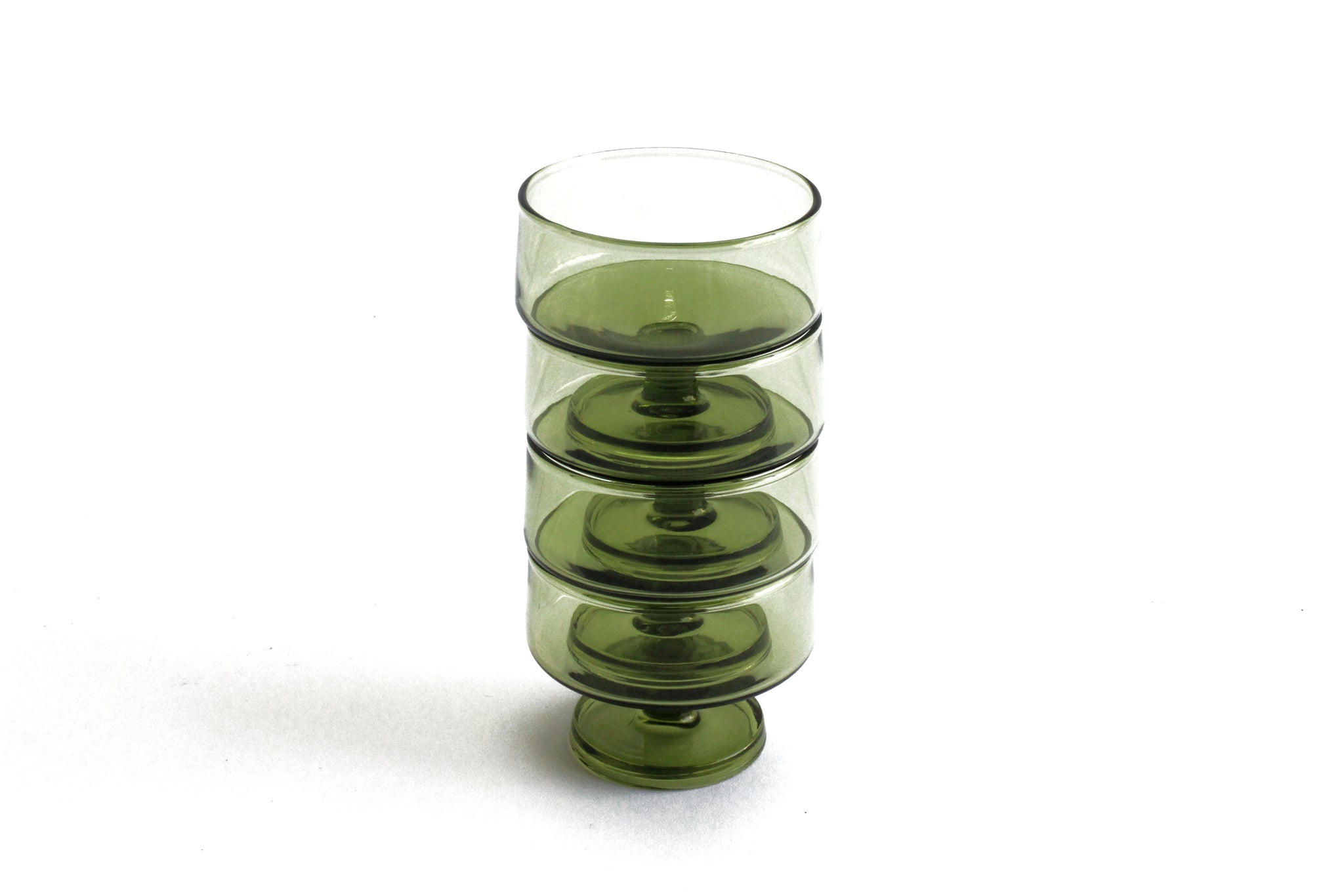 Set of 4 1970's Green Glass Dessert Bowls, Small Round Pedestal Dishes