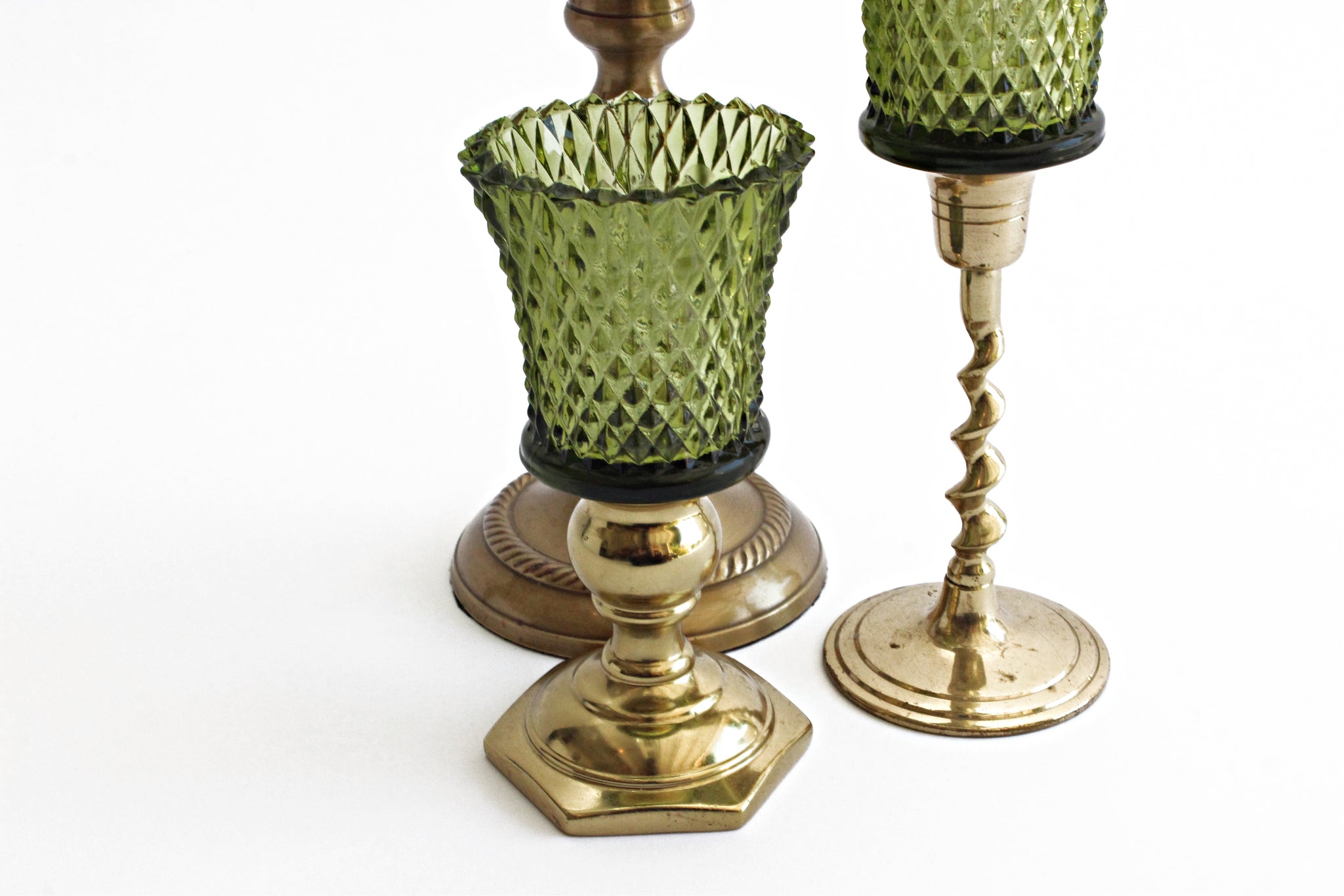 Green Glass Candle Holders, Tea-Light Candle Holder, Candlestick Topper