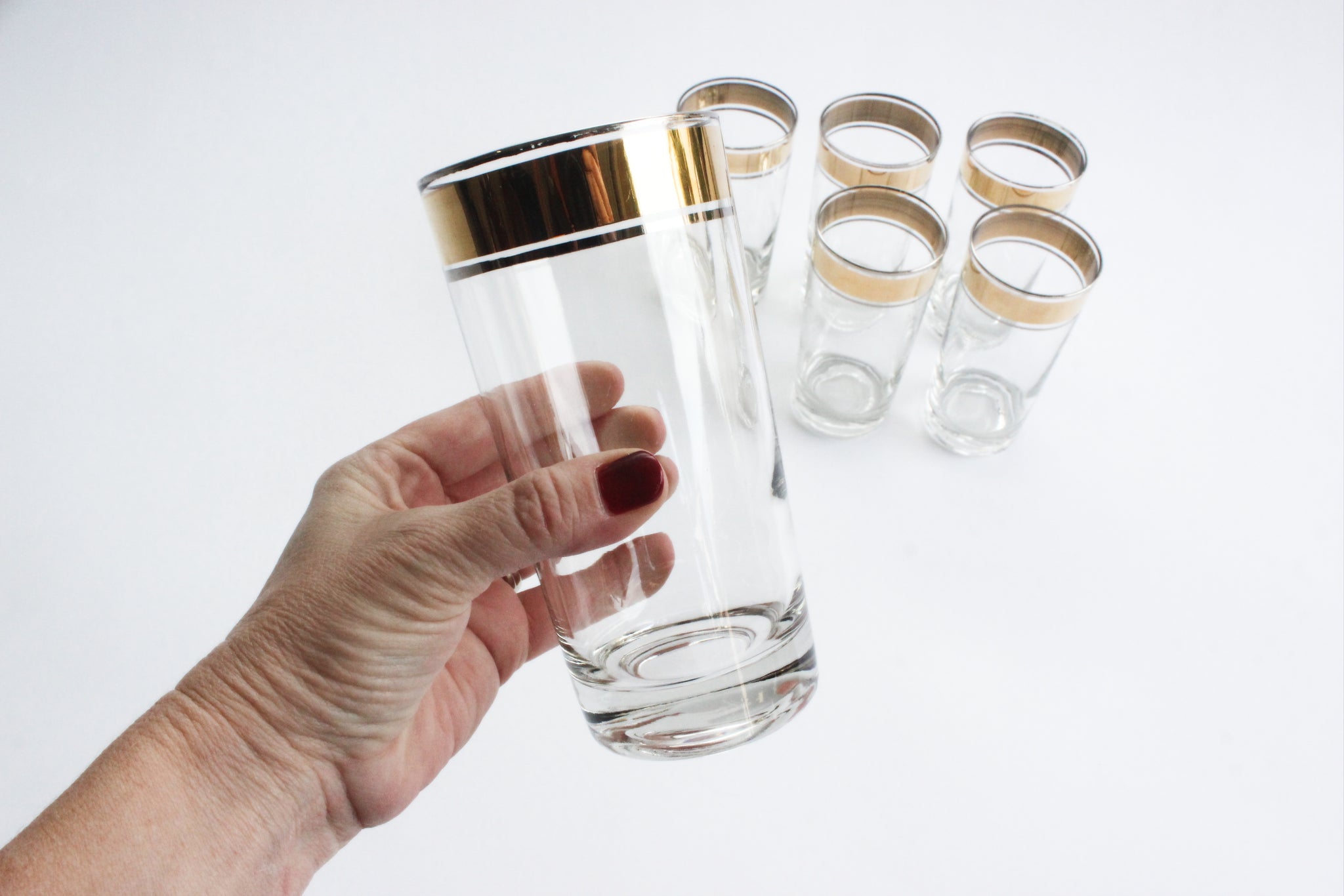 Gold Trim High Ball Glasses, Water Tumblers, Vintage Glassware