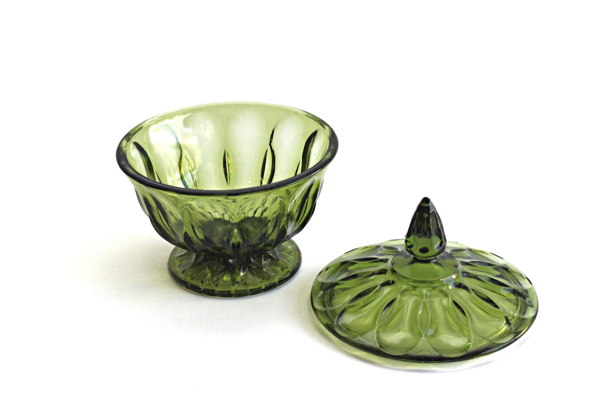 Green Depression Glass, Vintage Candy Bowl with Lid