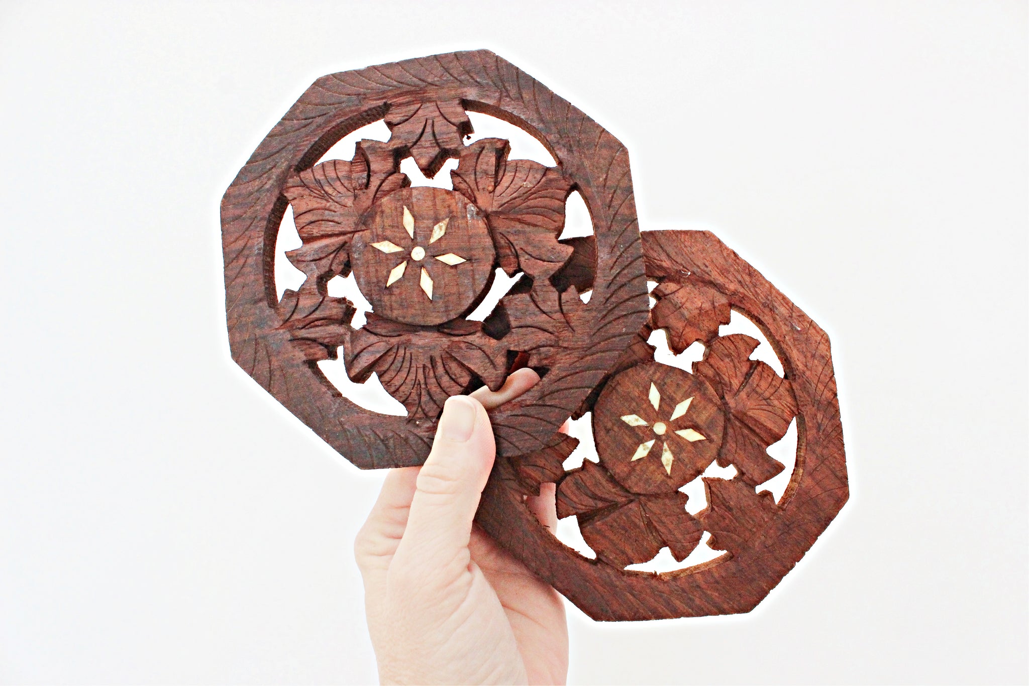 Vintage Wood Trivets, Pair of 2 Hand Carved Trivets