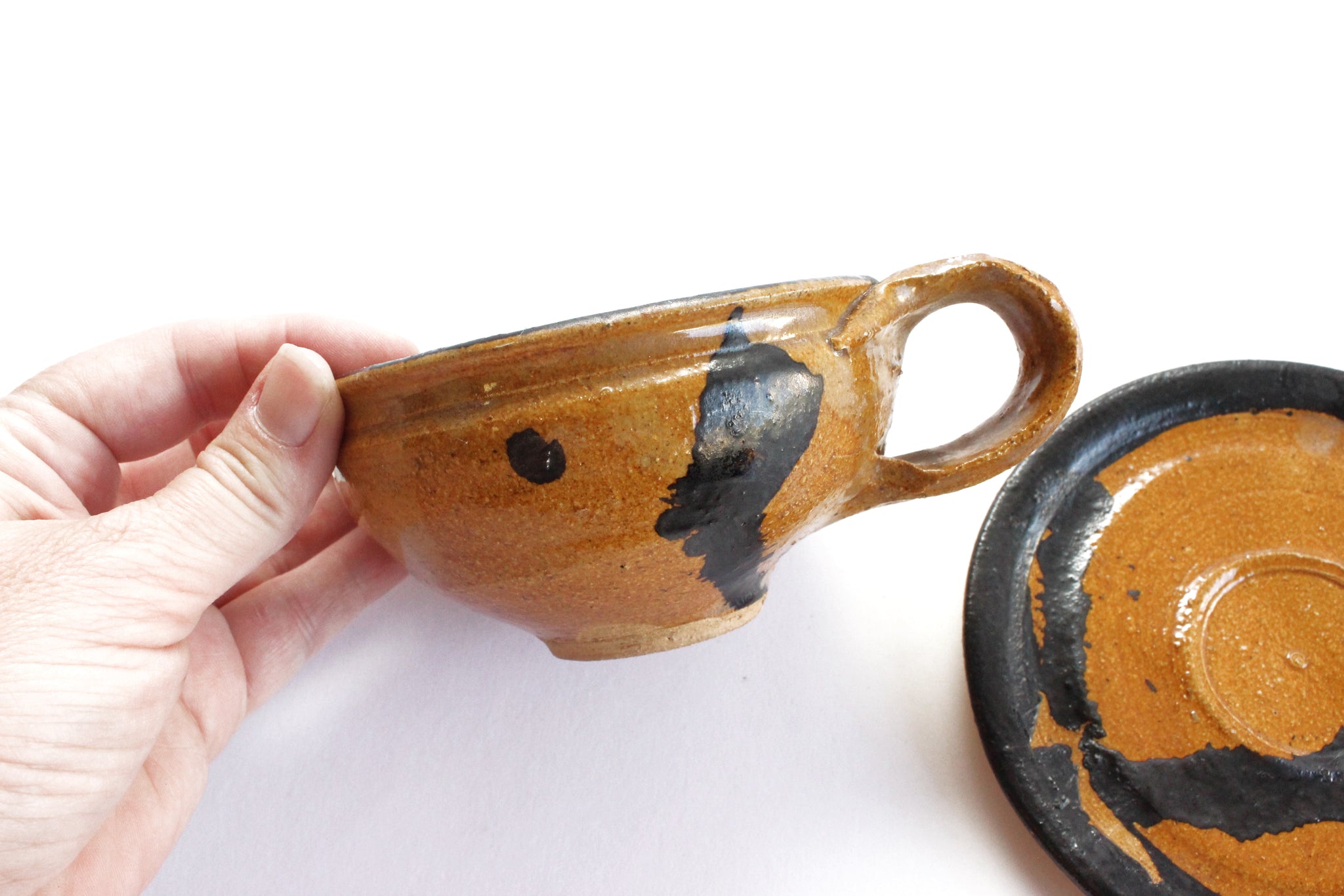 Vintage Stoneware Teacup and Saucer, 1970s Hand Made Kitchenware