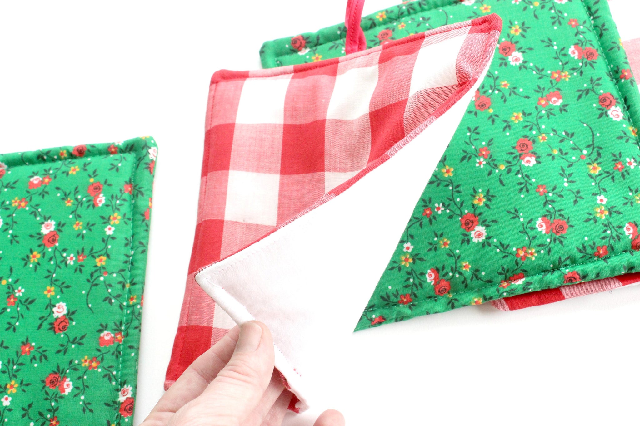 Christmas Pot Holders, Hand Sewn Vintage Fabric Hot Pads