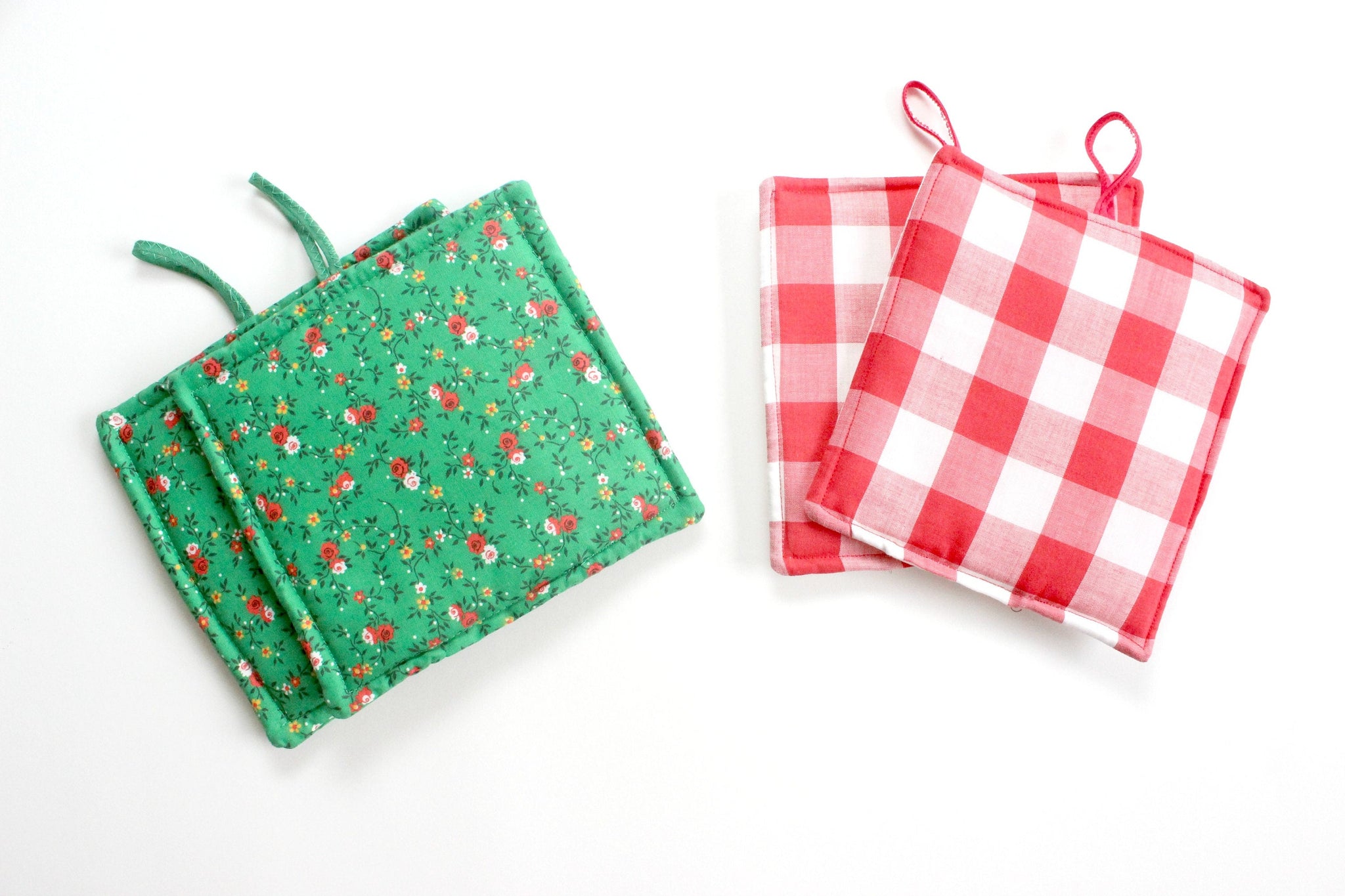 Christmas Pot Holders, Hand Sewn Vintage Fabric Hot Pads