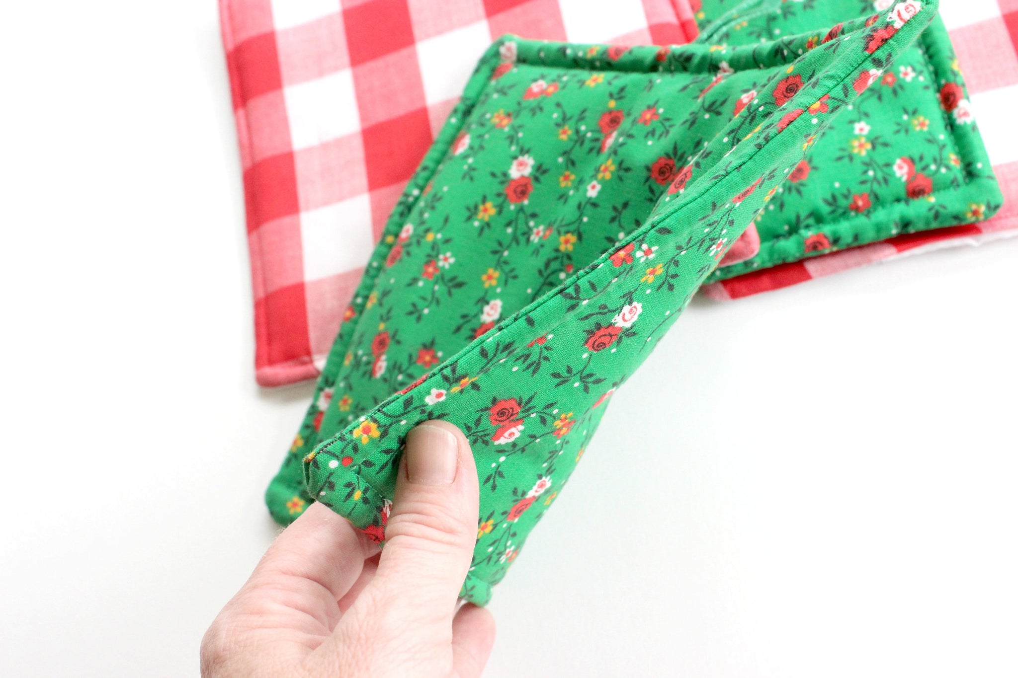 Christmas Pot Holders, Hand Sewn Vintage Fabric Hot Pads