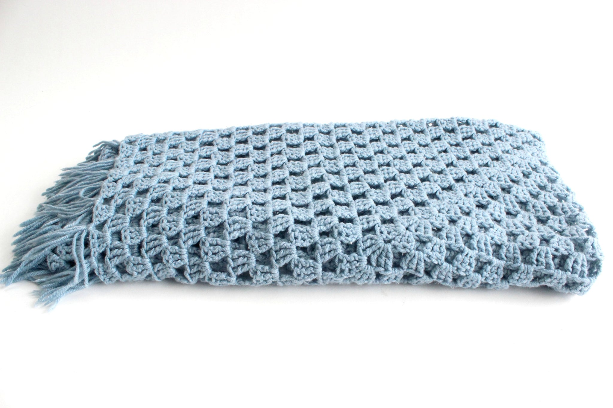 Hand Knit Wool Blanket, Square Shaped Blue Throw Blanket