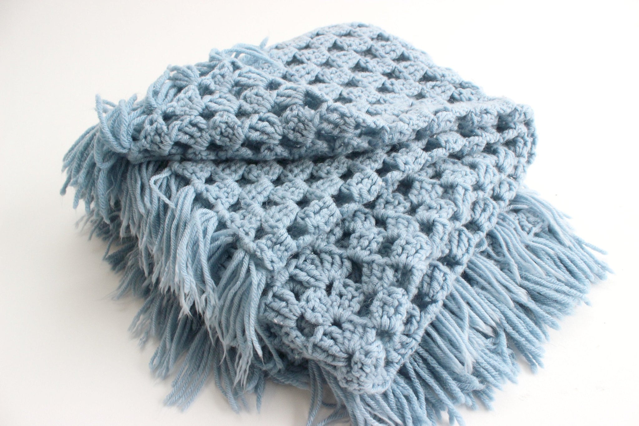 Hand Knit Wool Blanket, Square Shaped Blue Throw Blanket