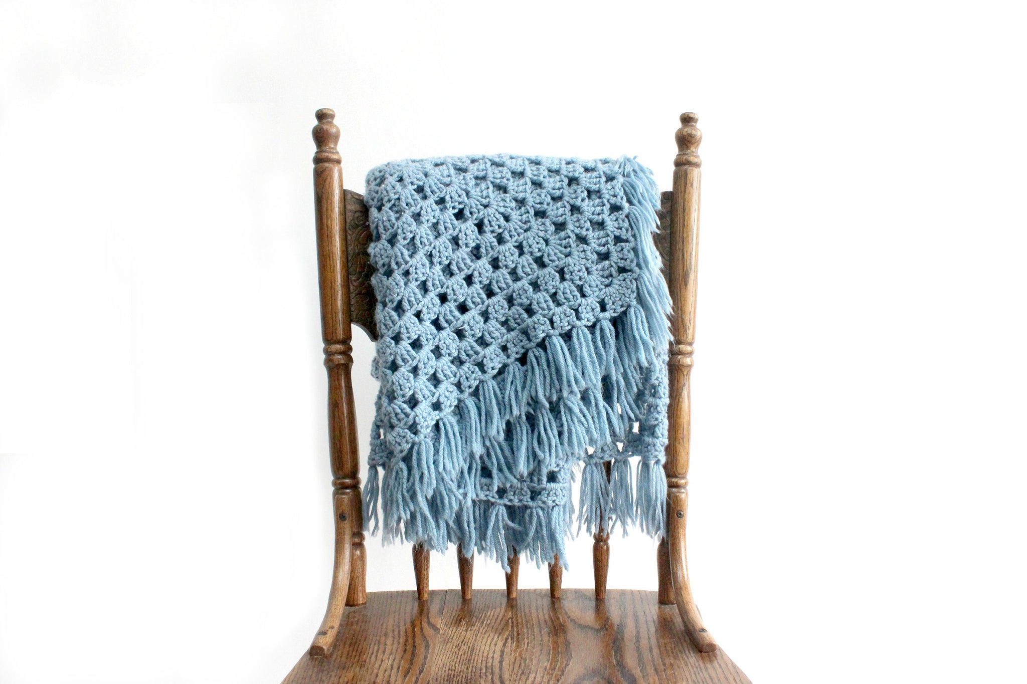 Hand Knit Wool Blanket, Square Shaped Blue Throw Blanket