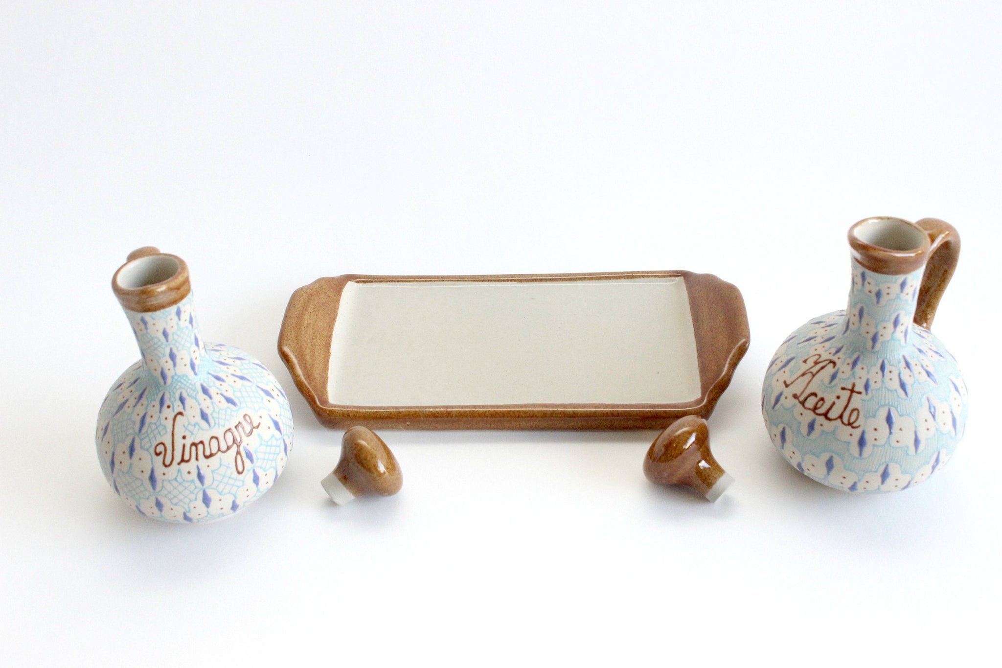 Oil & Vinegar Bottle Set, Hand Painted Pottery, Made in Mexico,