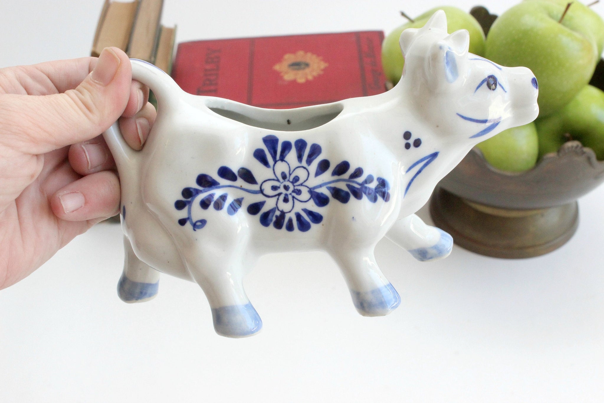 Porcelain Cow Creamer, Hand Painted Blue & White Serving Piece