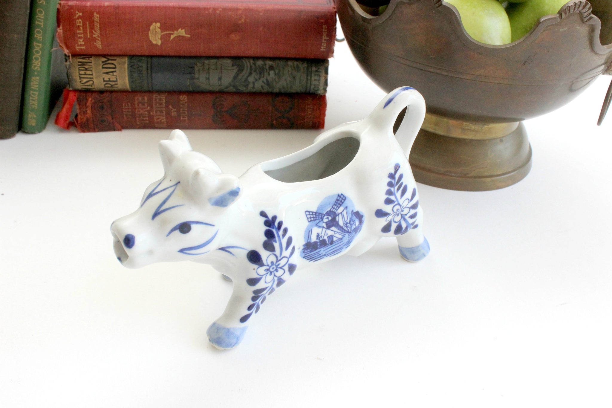 Porcelain Cow Creamer, Hand Painted Blue & White Serving Piece