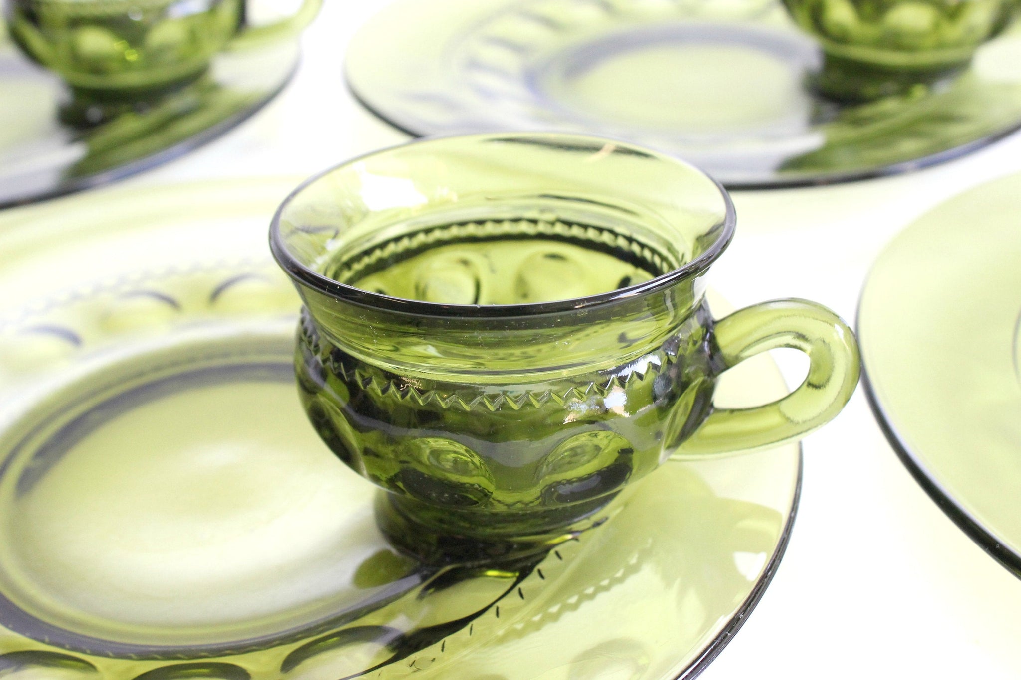 Vintage Green Glass Plates & Cups, Matching Plate and Cup Set, Dinnerware