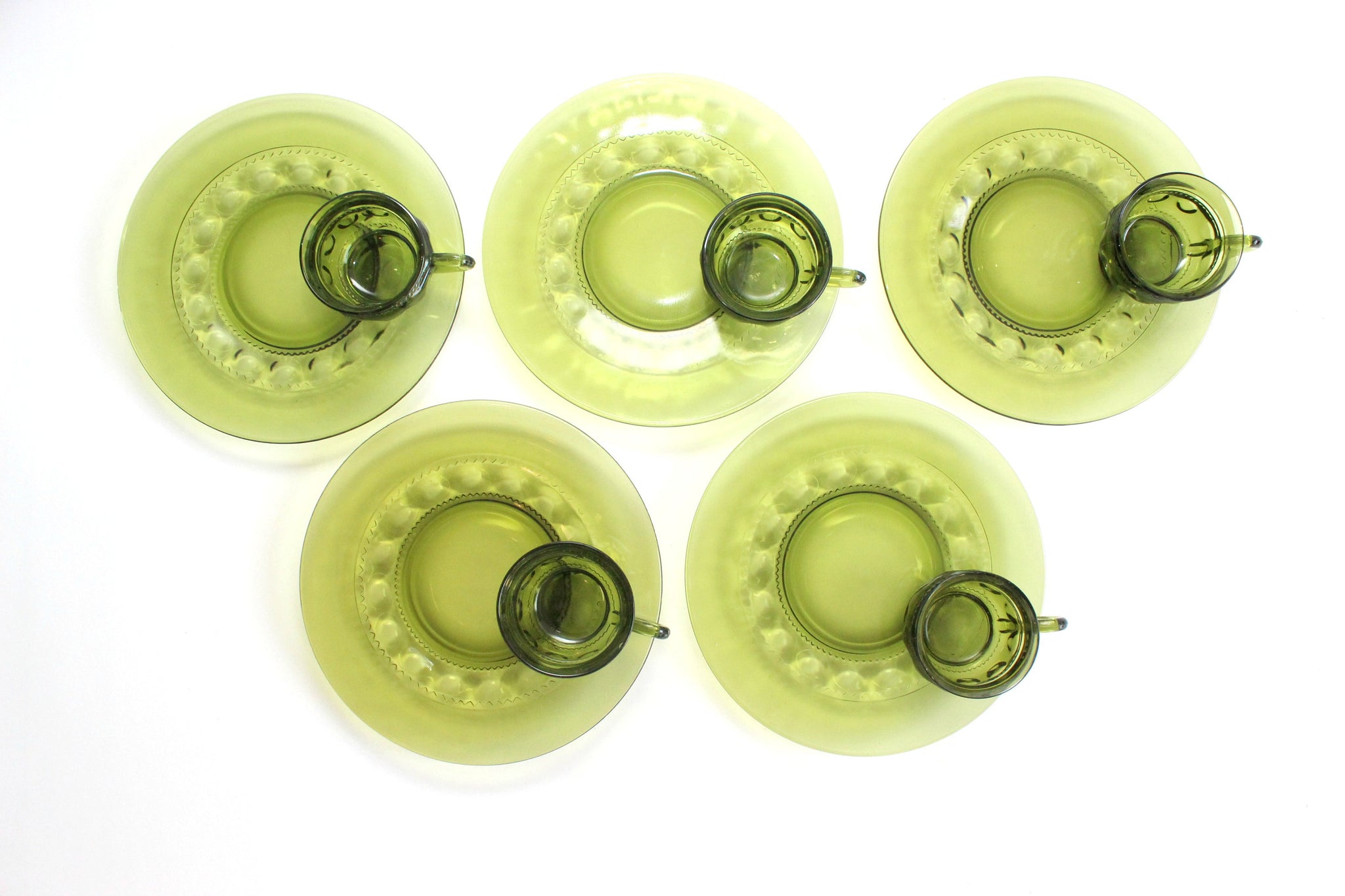 Vintage Green Glass Plates & Cups, Matching Plate and Cup Set, Dinnerware