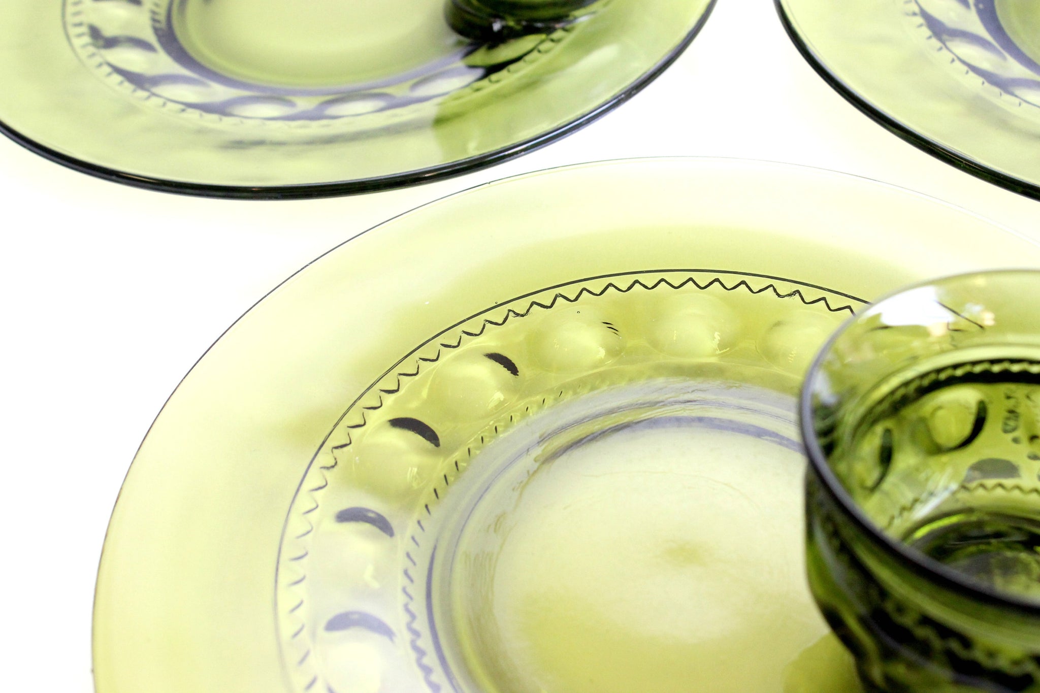 Vintage Green Glass Plates & Cups, Matching Plate and Cup Set, Dinnerware