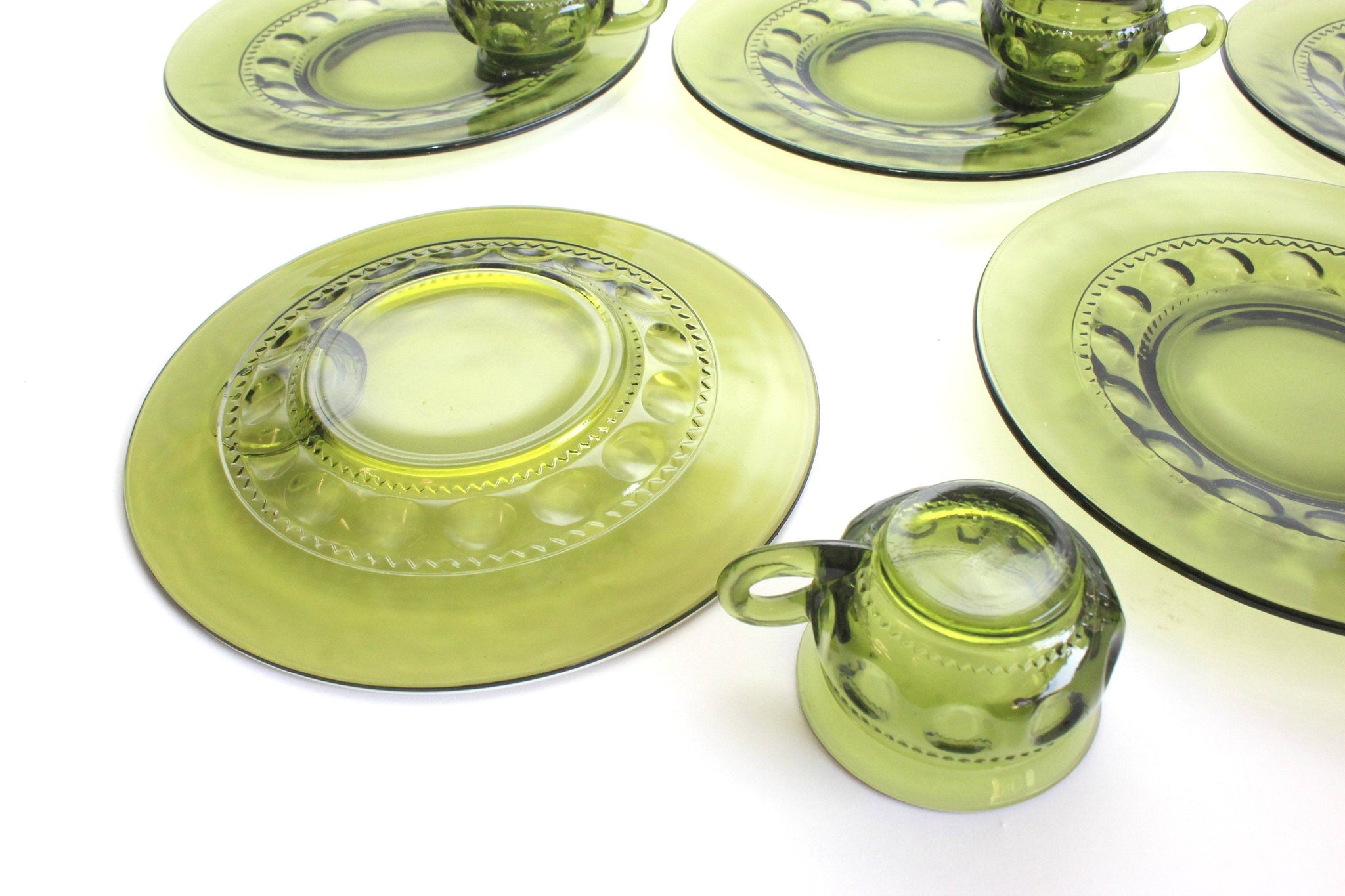 Vintage Green Glass Plates & Cups, Matching Plate and Cup Set, Dinnerware