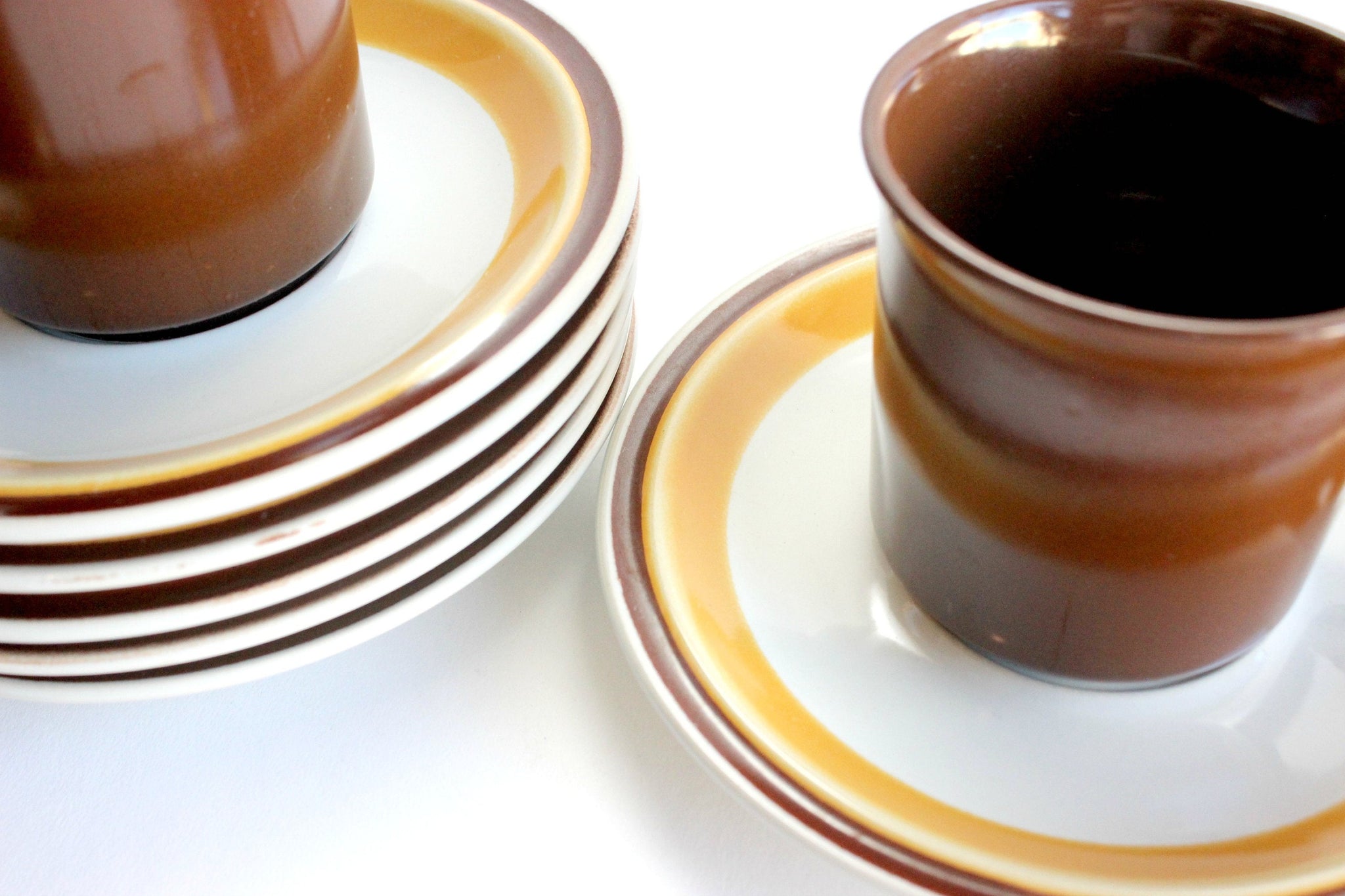Vintage 1970s Stoneware Coffee Cups, Saucers, Creamer, & Sugar Dish