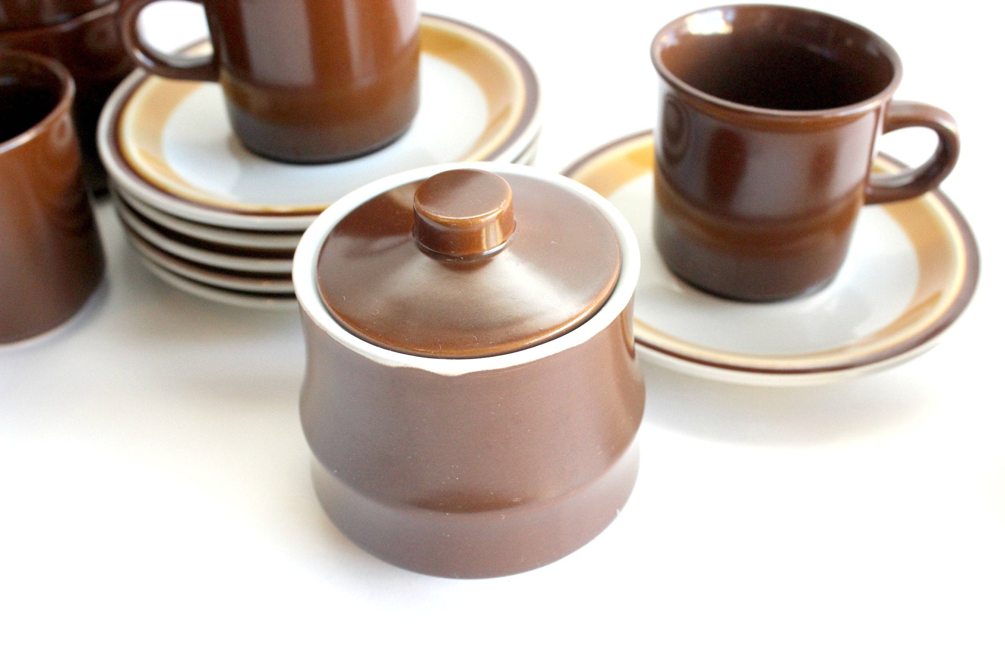 Vintage 1970s Stoneware Coffee Cups, Saucers, Creamer, & Sugar Dish