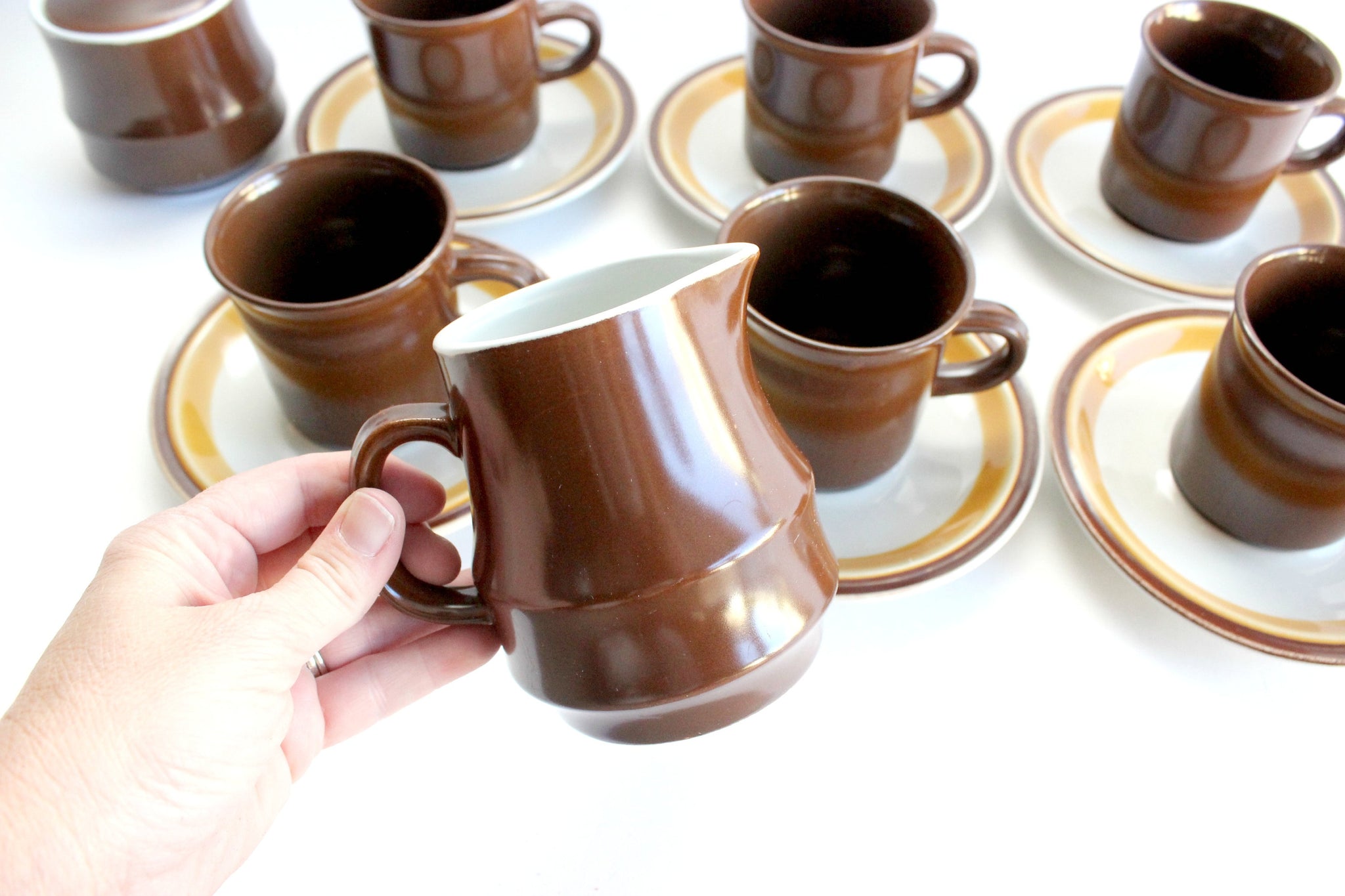 Vintage 1970s Stoneware Coffee Cups, Saucers, Creamer, & Sugar Dish