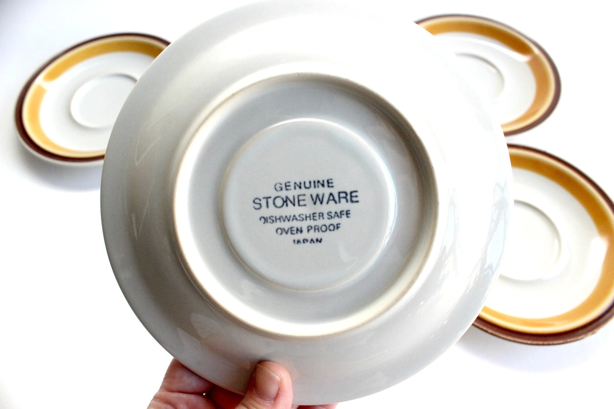 Vintage 1970s Stoneware Coffee Cups, Saucers, Creamer, & Sugar Dish