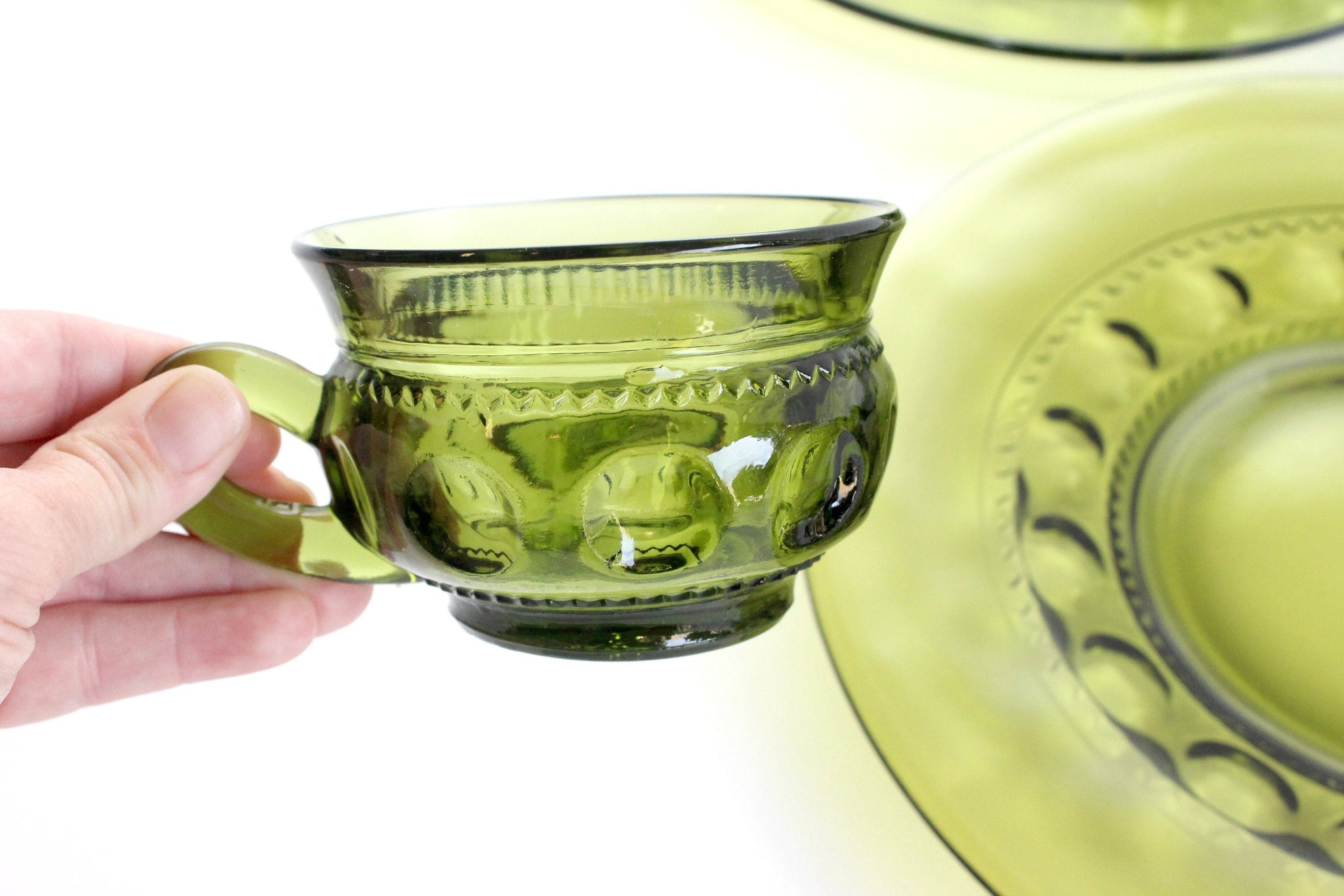 Vintage Green Glass Plates & Cups, Matching Plate and Cup Set, Dinnerware