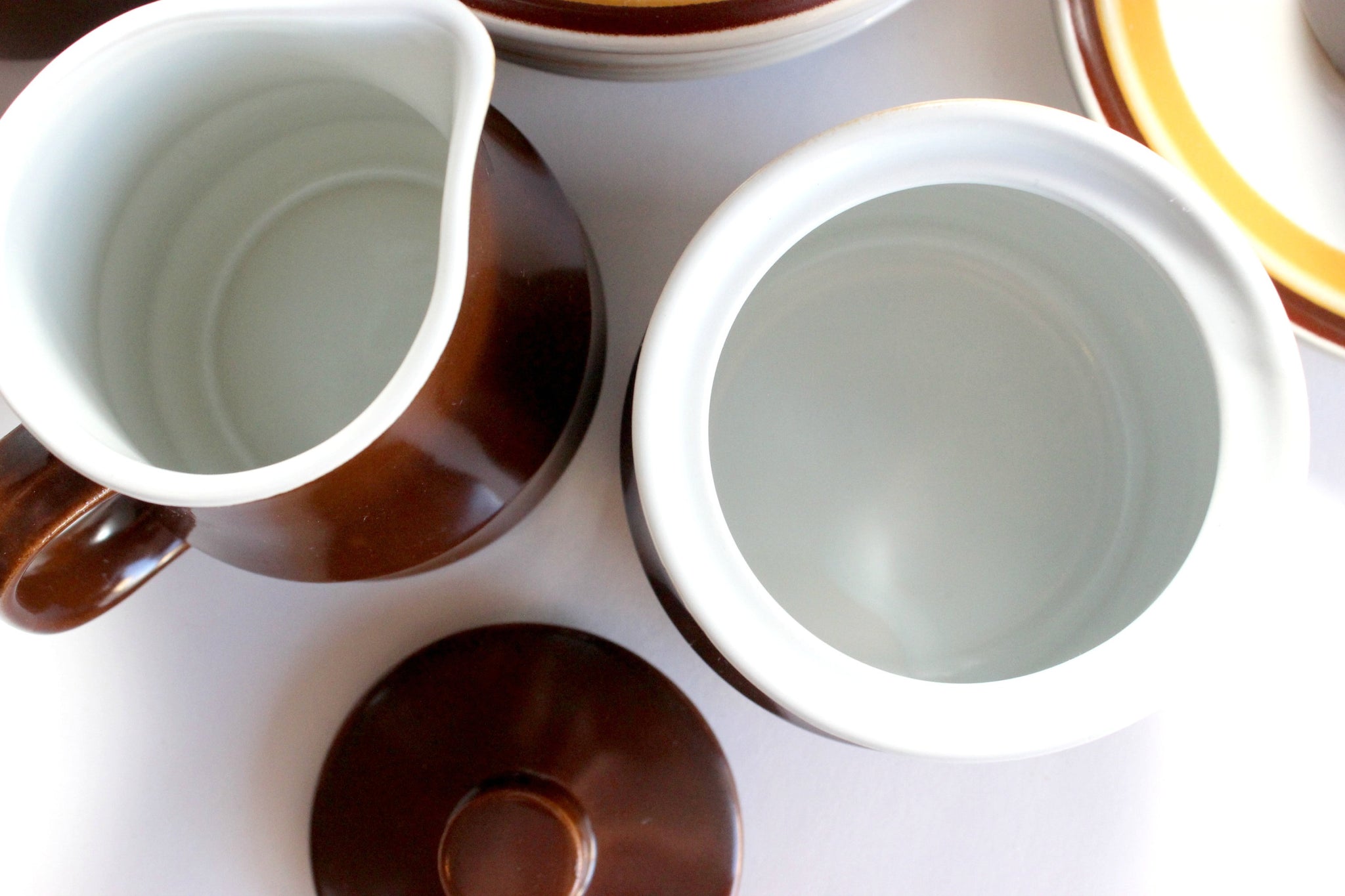 Vintage 1970s Stoneware Coffee Cups, Saucers, Creamer, & Sugar Dish