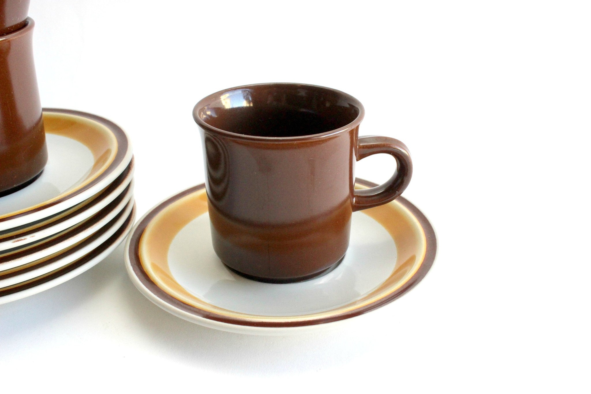 Vintage 1970s Stoneware Coffee Cups, Saucers, Creamer, & Sugar Dish