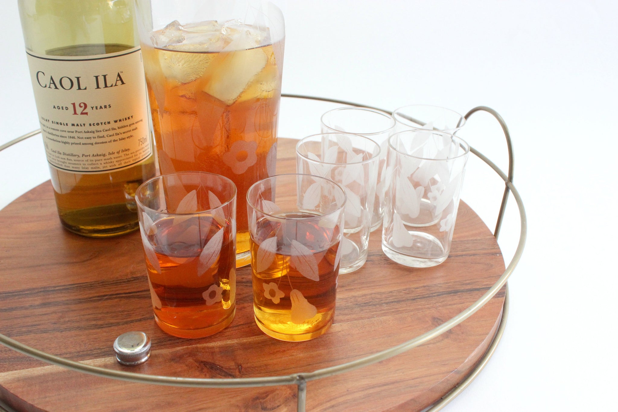 Vintage Etched Glasses & Cocktail Shaker, Mid Century Modern Barware
