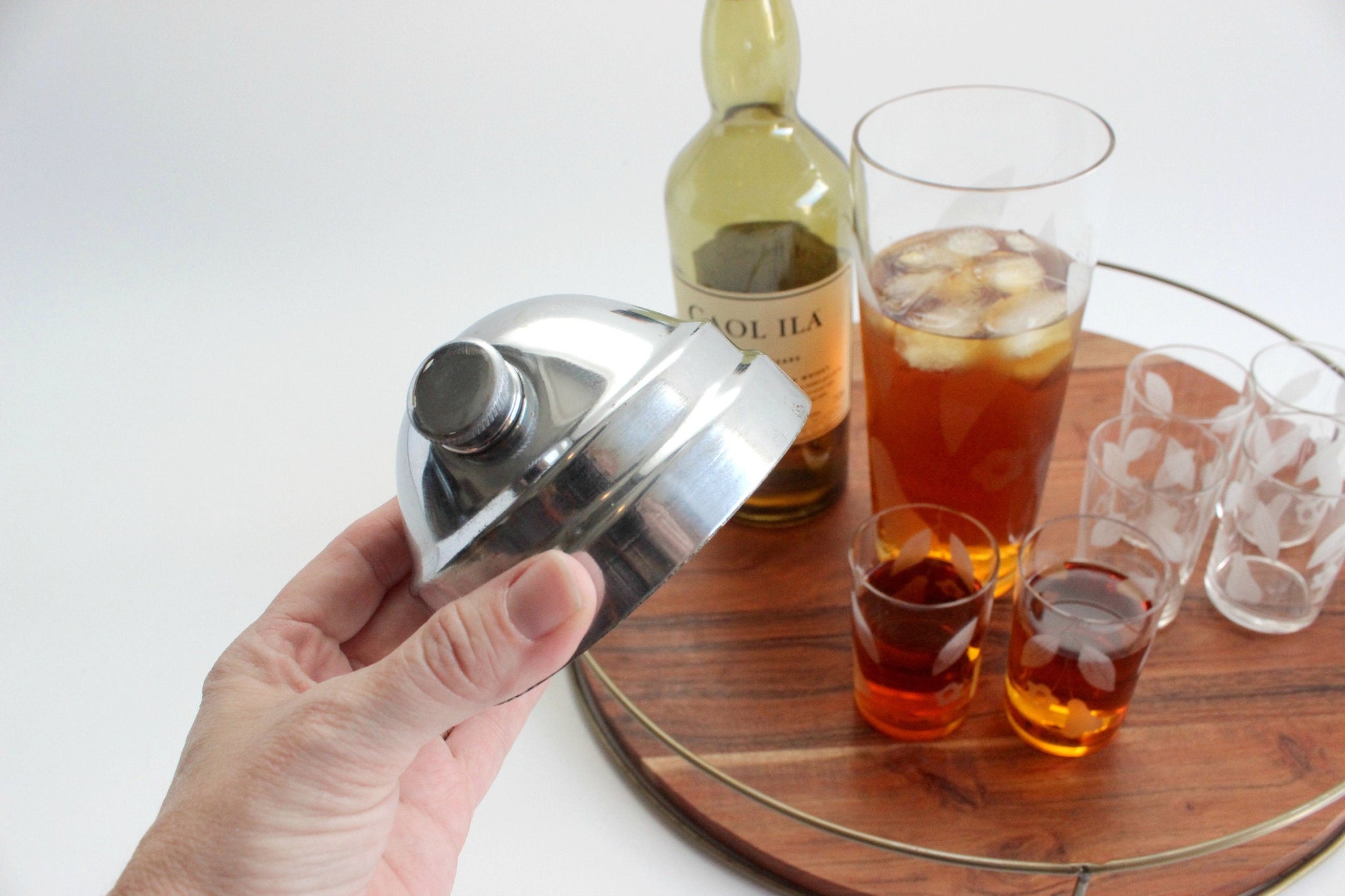 Vintage Etched Glasses & Cocktail Shaker, Mid Century Modern Barware