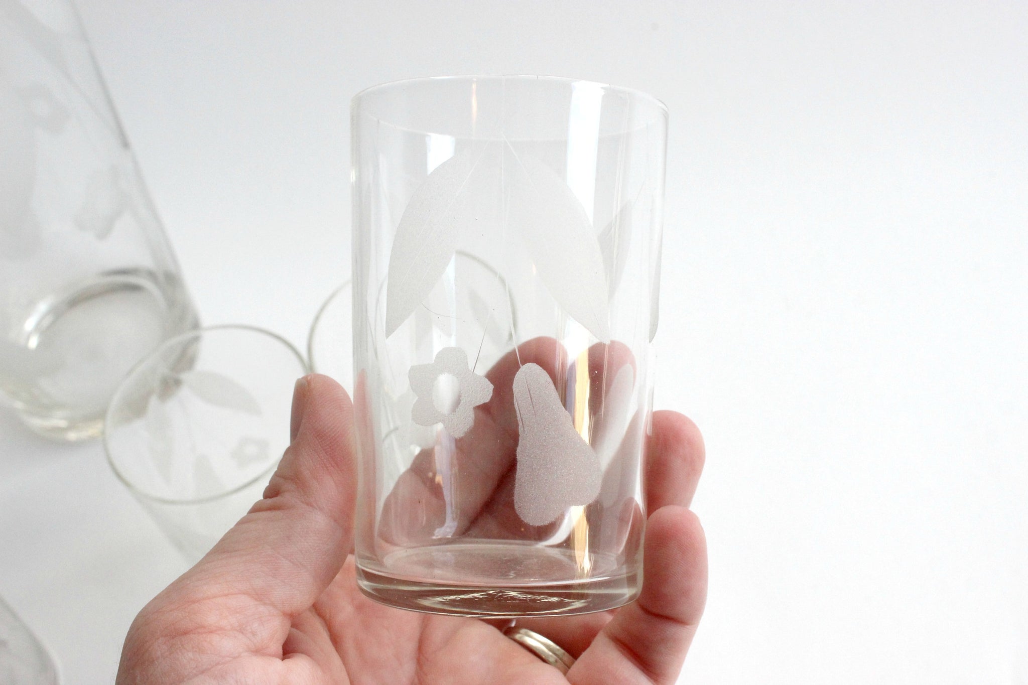 Vintage Etched Glasses & Cocktail Shaker, Mid Century Modern Barware