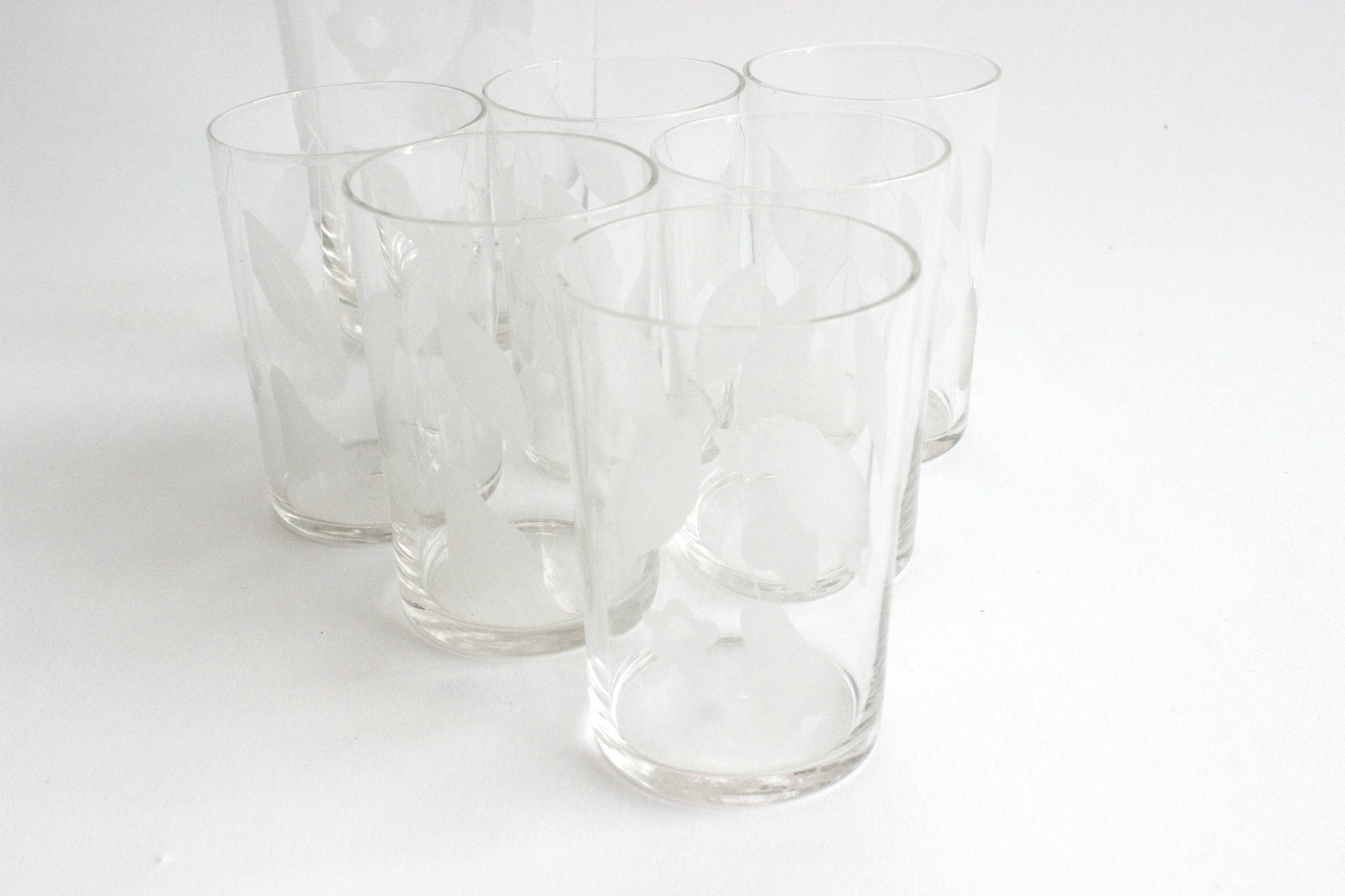 Vintage Etched Glasses & Cocktail Shaker, Mid Century Modern Barware