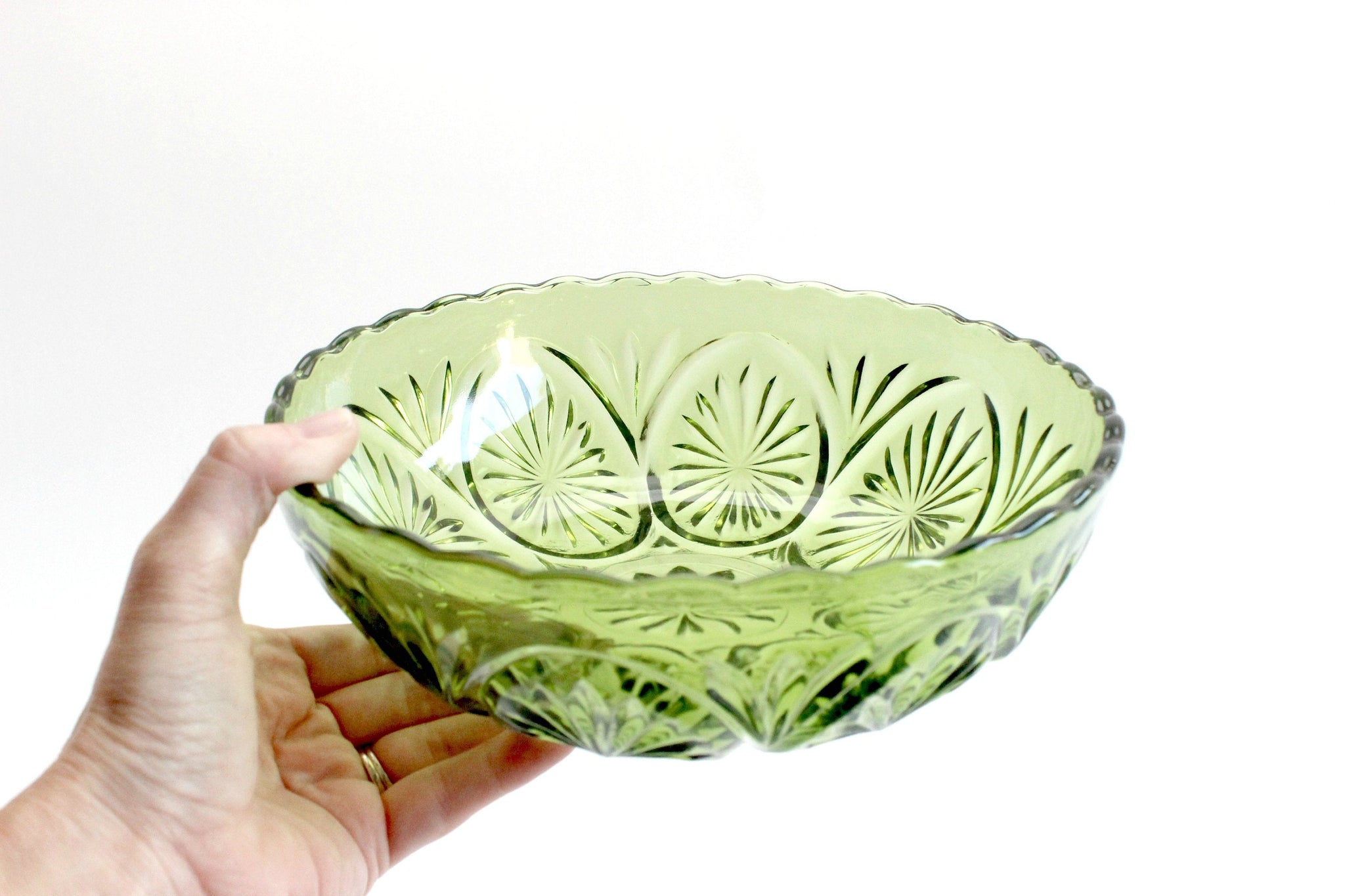 Vintage Green Glass Bowl, Pressed Glass Serving Bowl, Mid Century Servingware