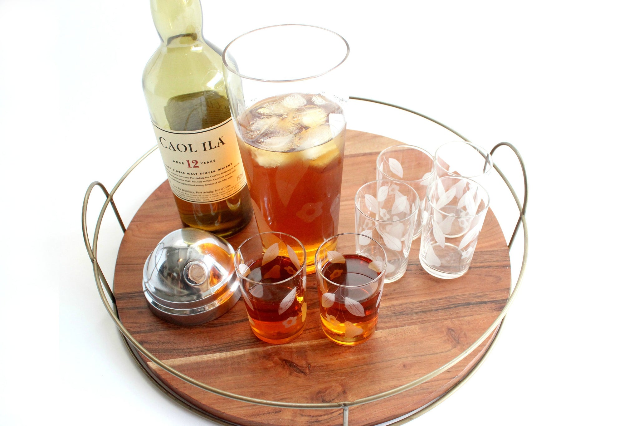 Vintage Etched Glasses & Cocktail Shaker, Mid Century Modern Barware