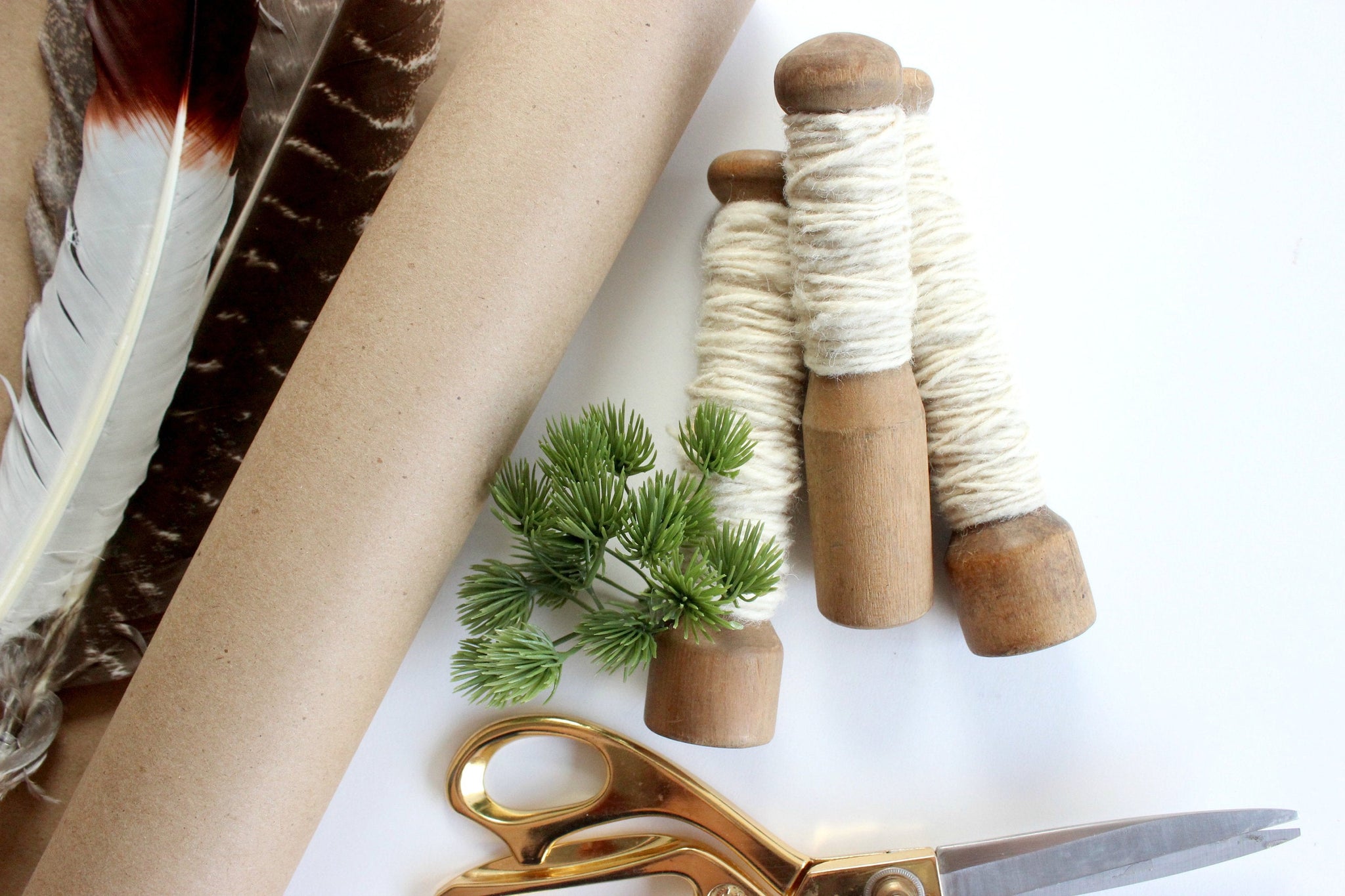 Vintage Wooden Yarn Spools, White String, Craft Supply