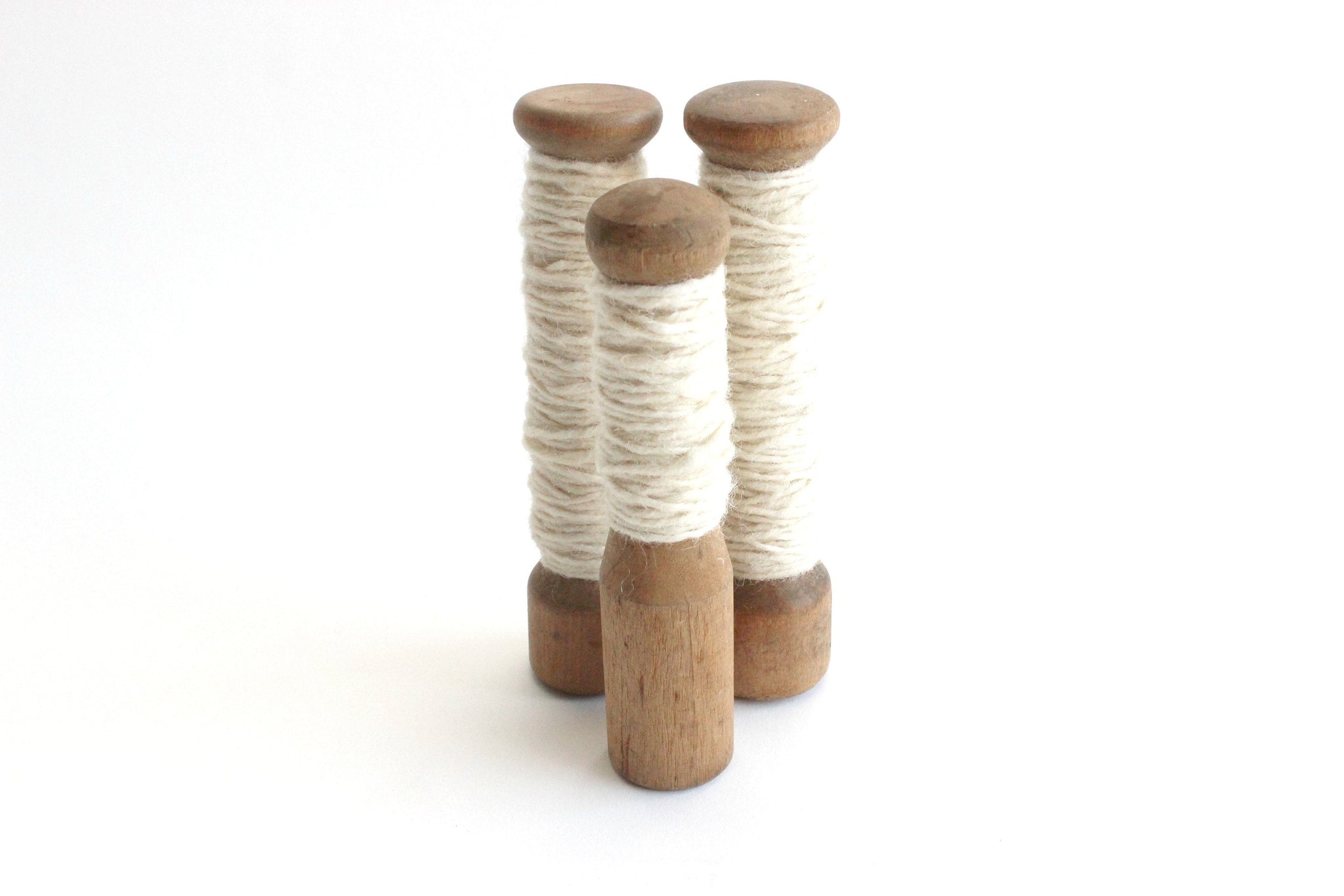 Vintage Wooden Yarn Spools, White String, Craft Supply