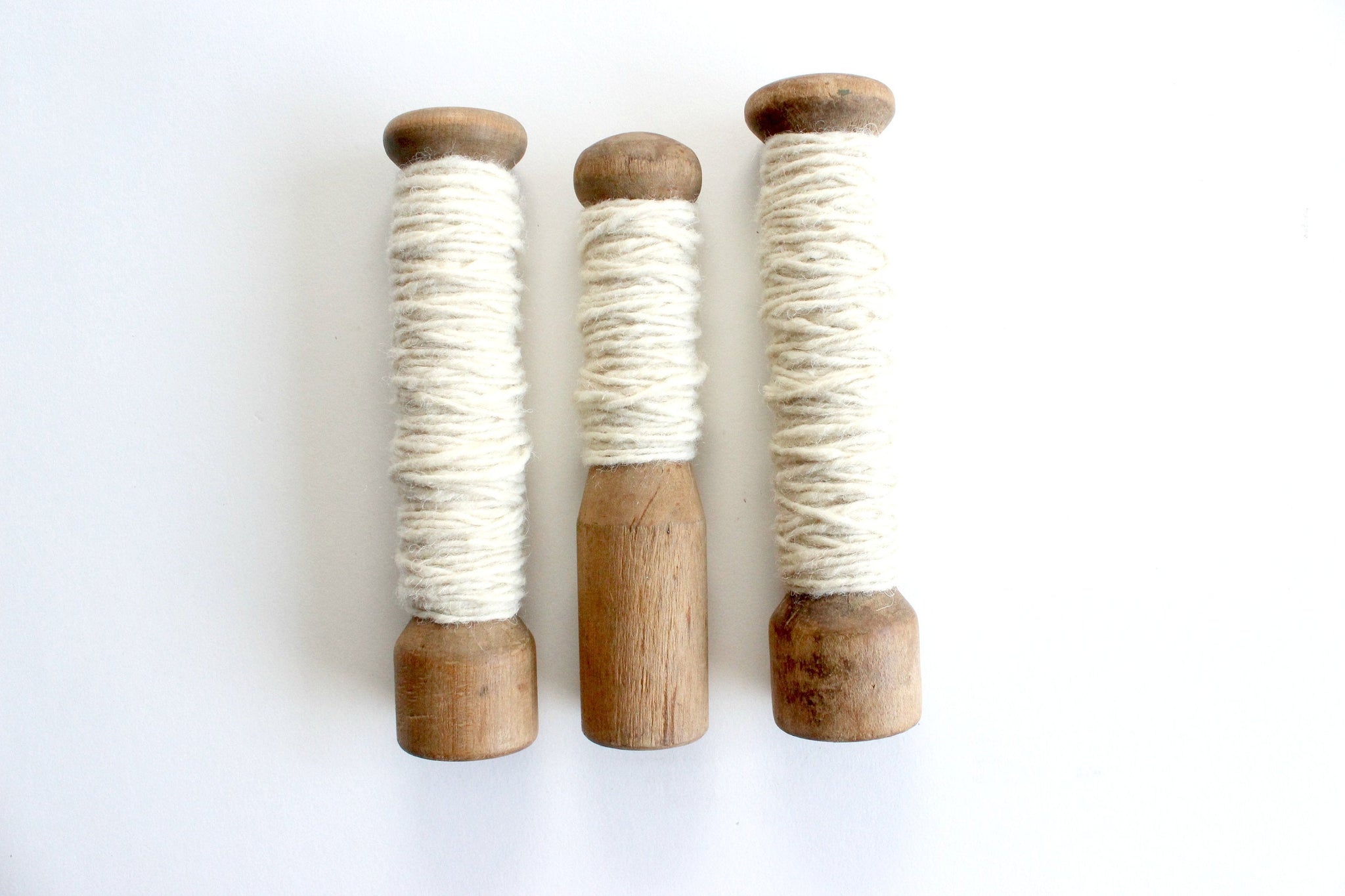 Vintage Wooden Yarn Spools, White String, Craft Supply