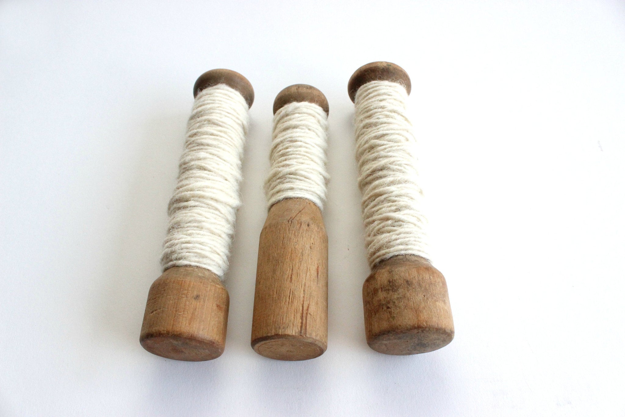 Vintage Wooden Yarn Spools, White String, Craft Supply