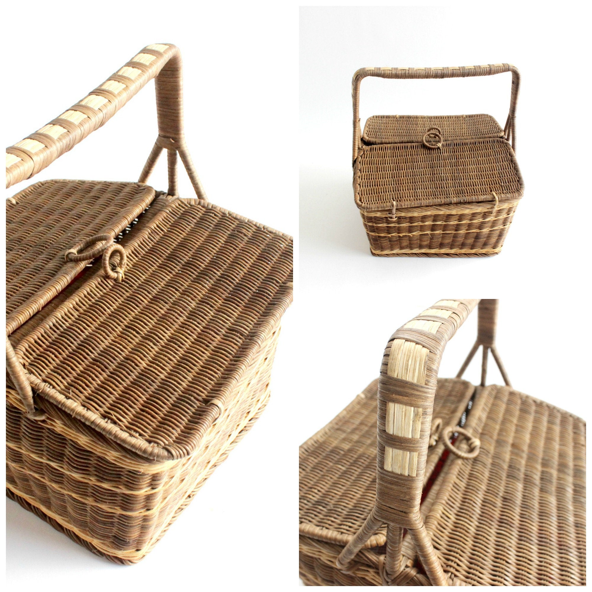 Vintage Picnic Basket, Large Rustic Wicker Basket with Handle