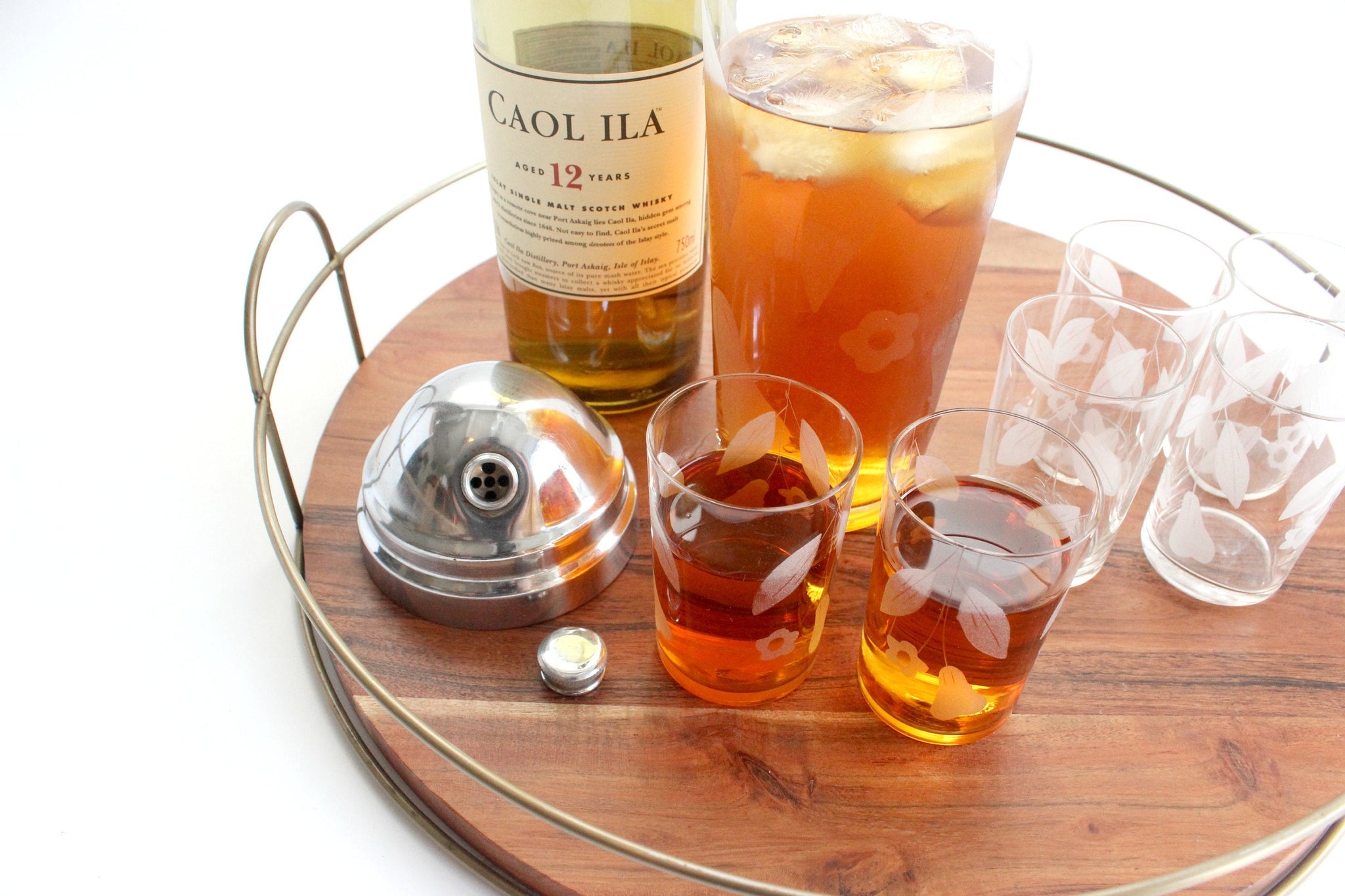 Vintage Etched Glasses & Cocktail Shaker, Mid Century Modern Barware