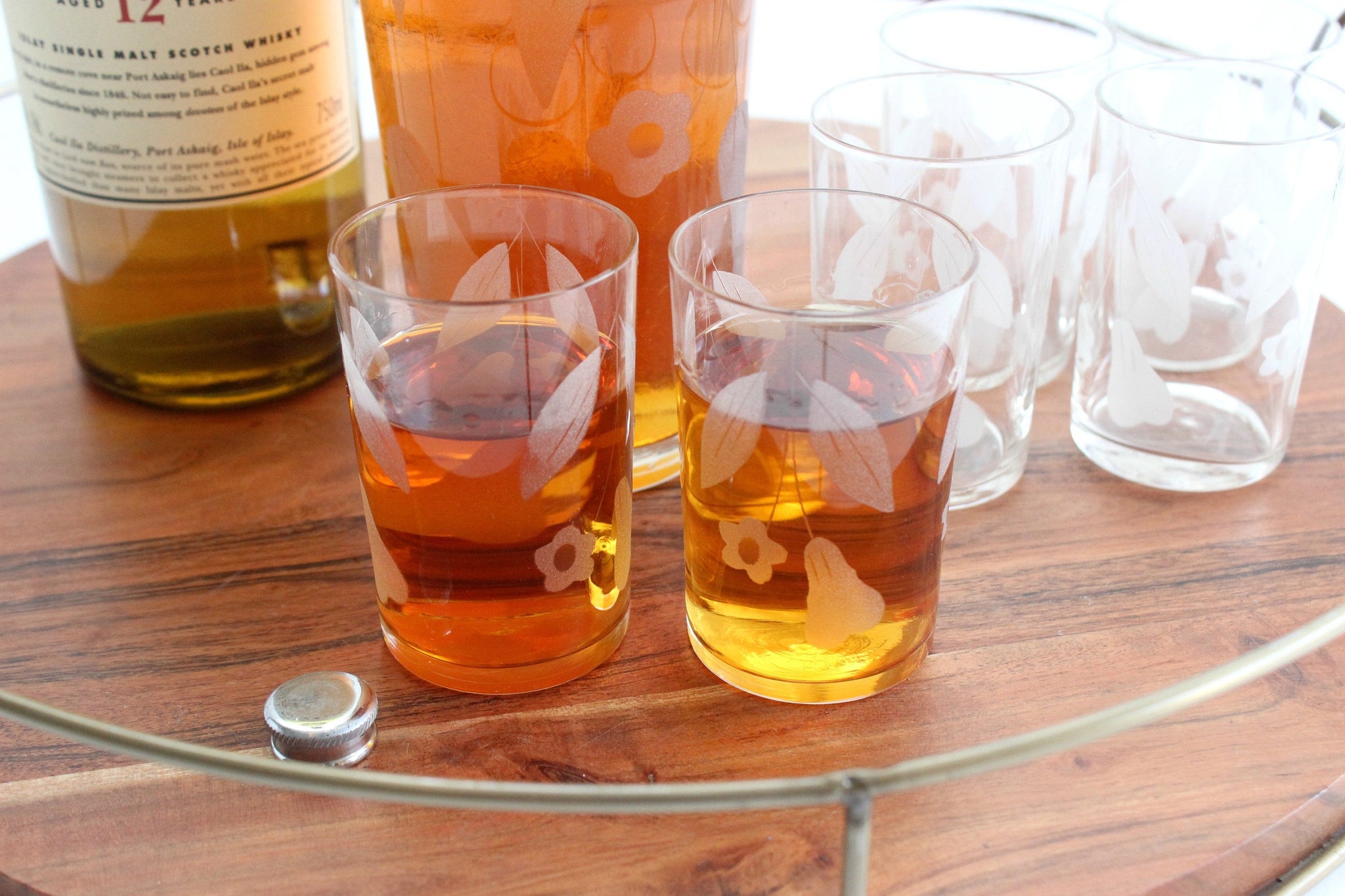 Vintage Etched Glasses & Cocktail Shaker, Mid Century Modern Barware